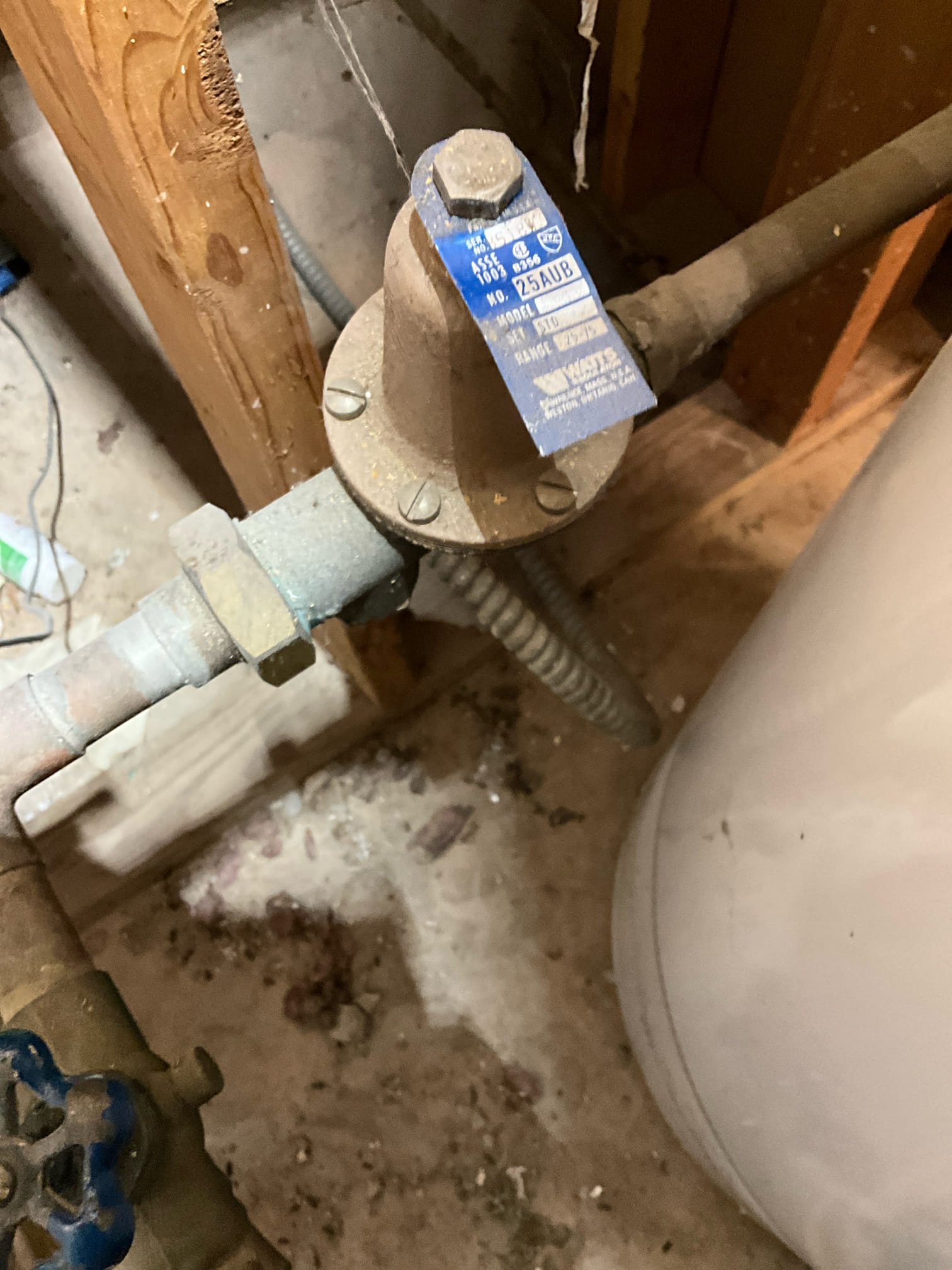 Call for water heater estimate.

Arrived and met with Ms. Jackie. She is getting ready to sell the home and would like estimates for the water heater replacement. 

I inspected the water heater and found it to be. 40 gallon gas unit. There are several existing issues (which will be addressed with the new installation). They are: thermal expansion tank is waterlogged and pushing down on hot out pipes, it is also unsecured and held on only by sharkbite fittings. The exhaust vent is rusted and unsecured in some places. Shut off valve does not feel like it will function adequately. Pressure regulating valve is located behind the water heater and  has a stamped date indicating it is over 40 years old. When checking the main building shut off I found an antiquated pressure regulating valve here as well. I did not take a pressure reading on the home because the water heater is 20 years old, and I am concerned that doing so will cause a leak on the old unit. Pressure regulating valves are a co