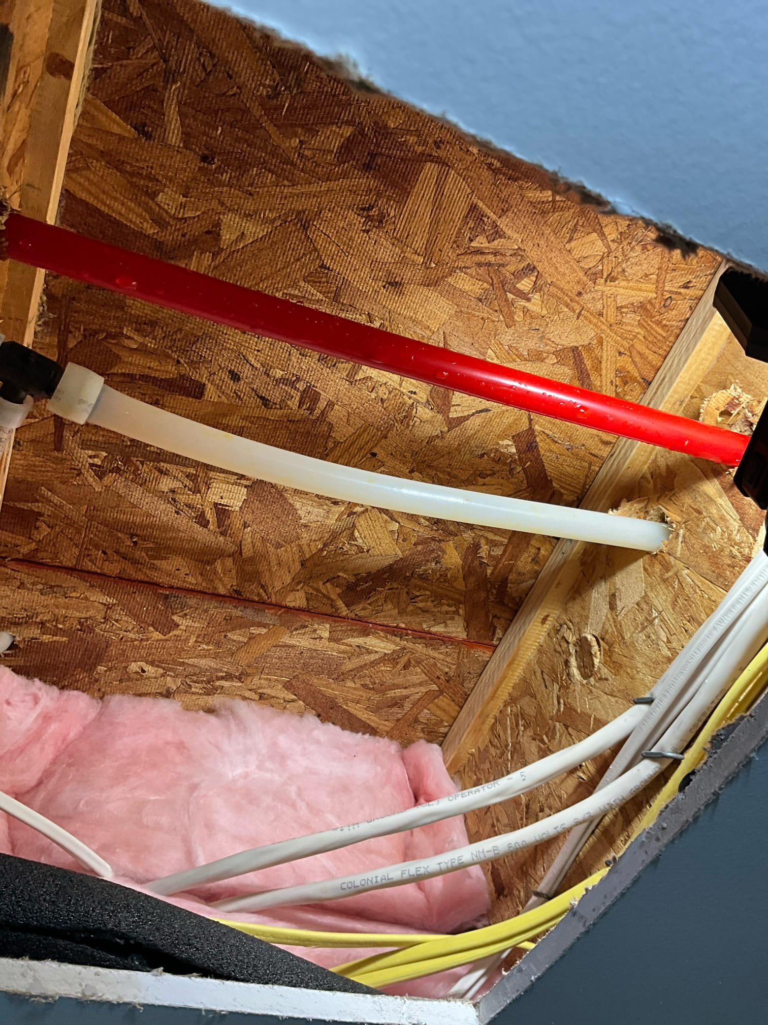 Call for leak in ceiling in mudroom.

Arrived and met with Ms. Jackie. She states that a leak occurred and her mother found it this morning. They immediately shut the water off and placed a bucket to catch the water. 

Please see previous invoice history for detailed history. This home is plumbed with faulty waterlines and this is the third instance of water escape and damage. 

Cut ceiling in mudroom and found failed section of pipe on hot side. Removed and replaced with new pipe. Tested pressure and found it to still be consistent at 55psi. Thermal expansion tank working adequately. No other indication that there is any cause of failure other than faulty pipe.

I advised Ms. Jackie that I recommend reliable restoration be dispatched to provide help navigating an insurance claim. Specifically, I recommend asking about the help they can offer after we Repipe the home, as it will require significant drywall repairs, and likely the removal of kitchen cabinets.

*** I will credit this rep