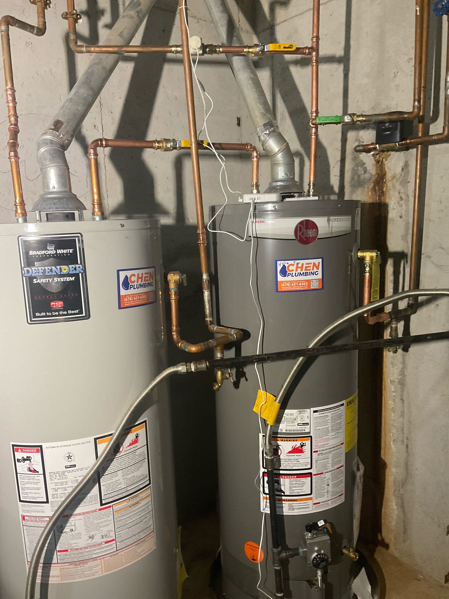 Replaced one 50 gal gas water heater , installed Pan under second existing water heater , installed automatic leak smart shut off valve 