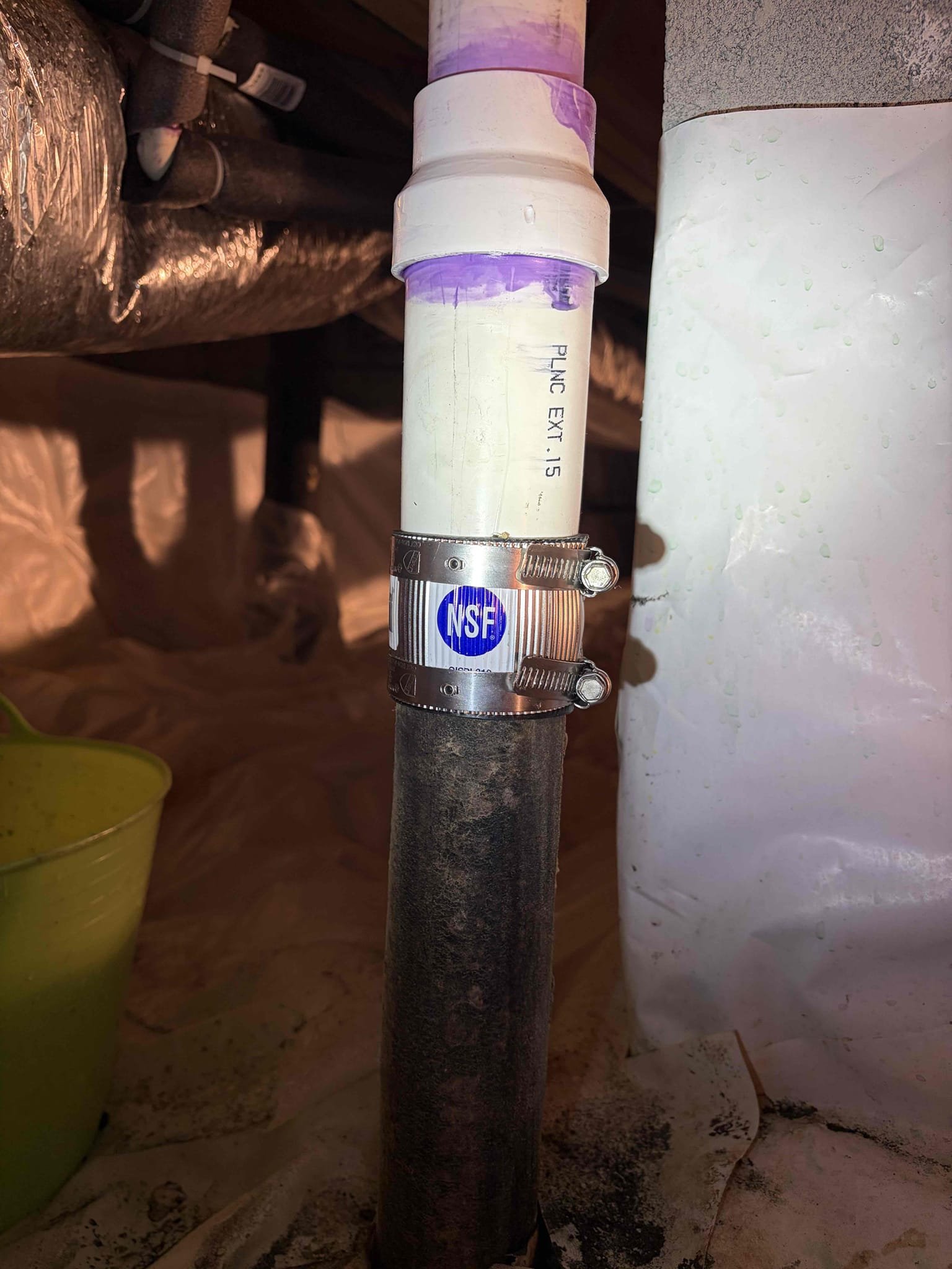 For this job, the customer had a piece of zinc tubular going into a lead pipe, following that it went into a cast-iron pipe. The customer has tubular for their waste and overflow for their tub rather than PVC so therefore I had recommended for us to cut the cast-iron pipe at the bottom so I wasn’t cutting lead and added a new band at the bottom connected to 2 inch PVC reduced down to inch and a half and then install a trap adapter with a tubular extension piece at the top made sure everything was tight before running water. There are no leaks on the glue fittings and or tubular fittings. I do recommend a full cast-iron re-pipe up to the sewer line to ensure that it is proper flow, but more importantly, all brand new with that in mind I had recommended an estimate for him. We would have to dig in the crawlspace and re-pipe the drains under there and dig outside to find the sewer line. 