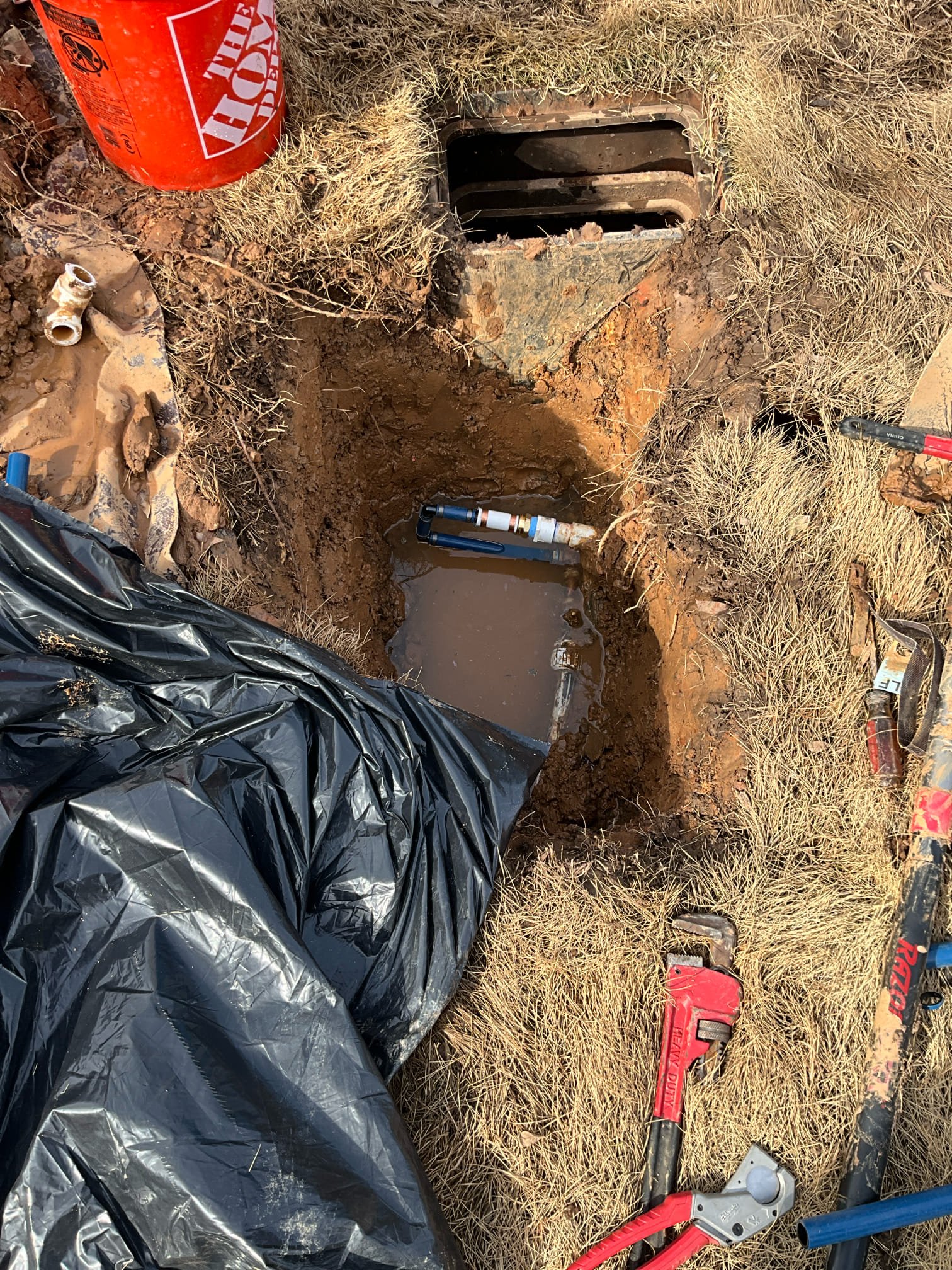 Call for leak in yard.

Met with Tom and he advised that the county utility service has been out and said the leak is on the property side. 

I dug down and exposed main and irrigation tee. I found a gas pipe black iron 90 transitioning to pvc leaking. Removed the leak in section and installed pex pipe to relieve tension on line. Pressurized system and checked for leaks. Meter is locked out and home is pressurized, lines clear of air. 

I recommend contacting the water service provider for. Bill adjustment if water overage is significant.