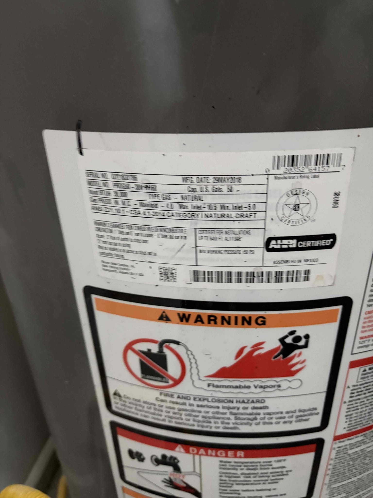 For this job the customer decided to sign up for the membership. I’d recommend replacing his water heater due to various code issues, 18in copper code, venting not secure, expansion tank not supported, no aluminum pan. With those issues I recommend replacing the unit rather than fixing those issues. Water pressure is at 60psi. Customer has two clean outs 