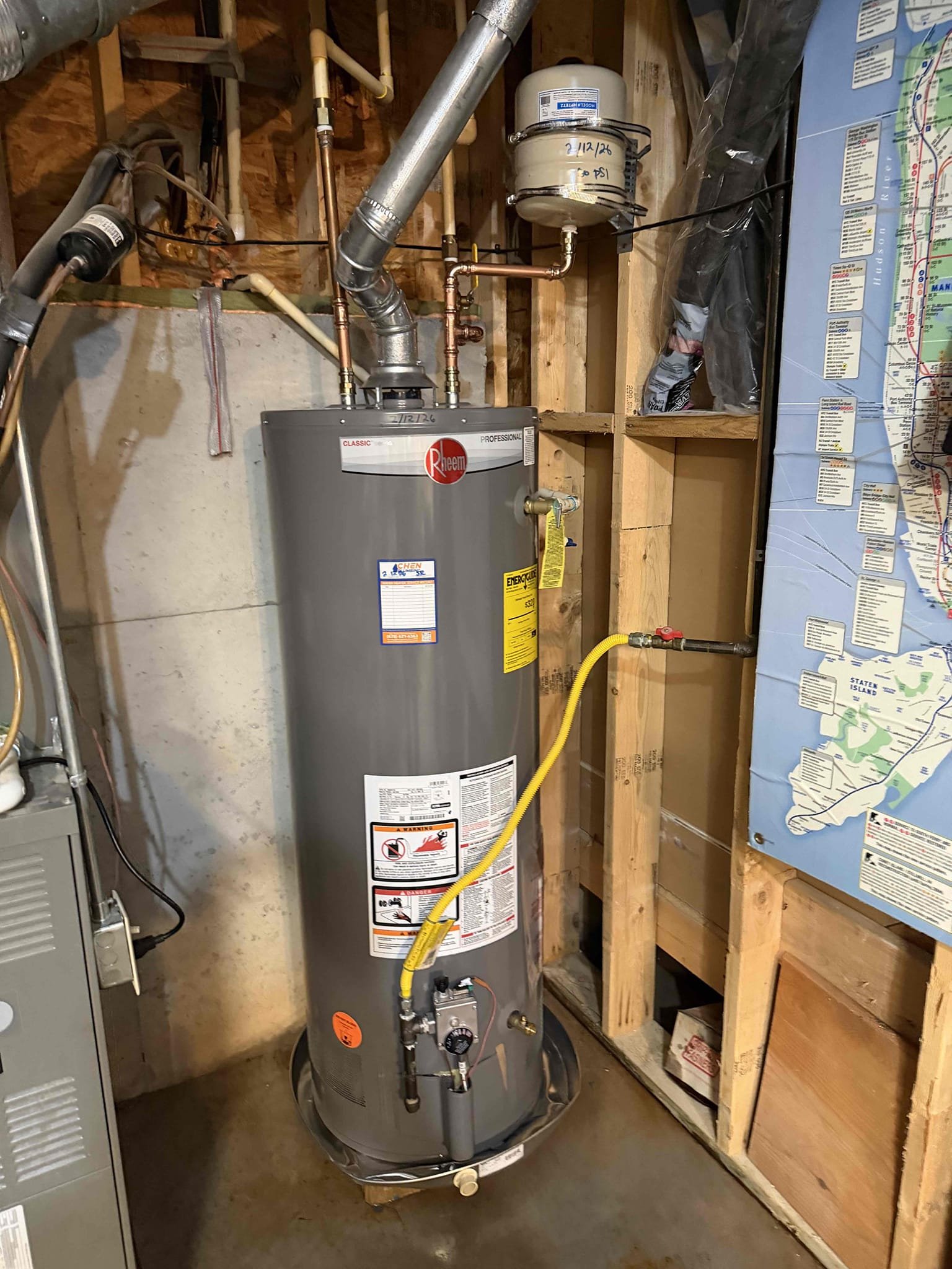 Remove existing 50 gallon water heater and furnish and installed new 50 gallon water heater with new thermal expansion tank and tank shut off. Installed drip pan under heater. 

Did quoted work and tested. No leaks were present at this time. Turned on the hot water heater and there will be hot water in about 40 minutes.

