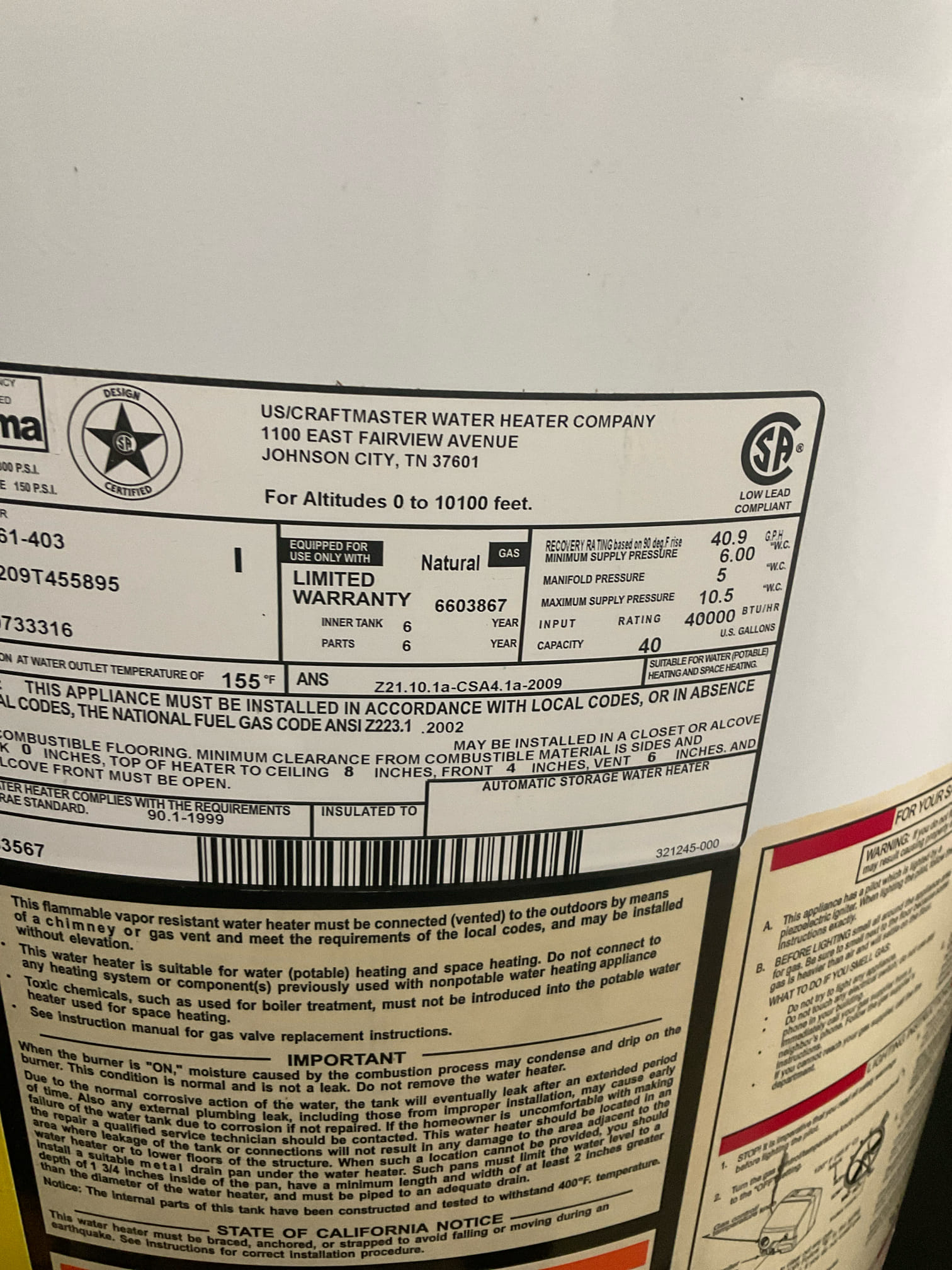 Replaced a old 17 years old 40 gal gas water heater with a Rheem 40 gas tank , new water shut off valve , pan , expansion tank , also replaced main water shut off and Prv , set pressure at 60 psi , discussed and signed up membership with customer today . 