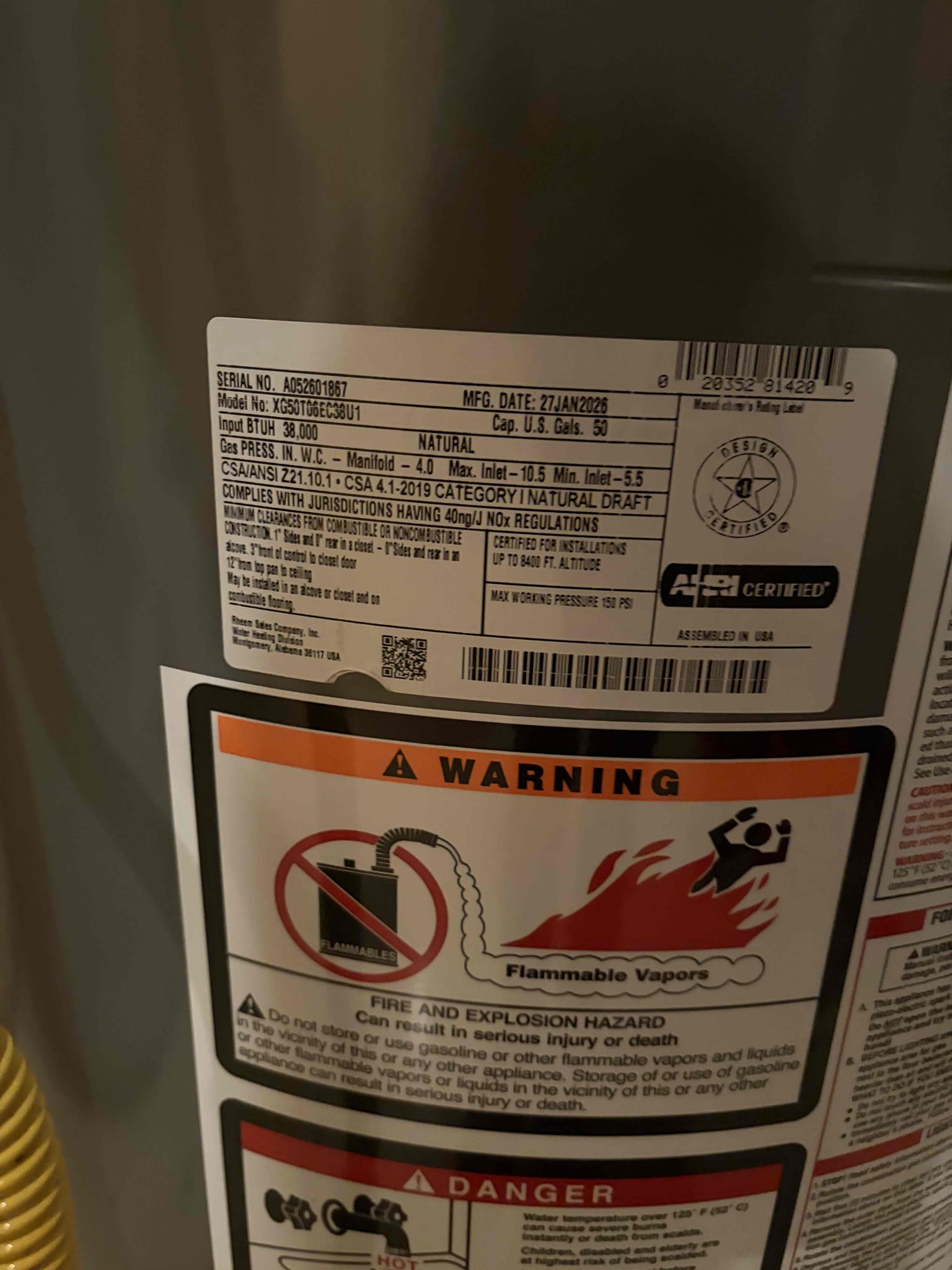 For this customer, he had a water heater from 2016 that the tank failed internally causing pinholes with inside of the tank so therefore the water heater from 2016 had to be replaced and that is exactly what we did. We replaced it with a brand new 50 gallon Rheem water heater in the basement. The customer has the piping in Series rather than parallel. The thermal expansion tank was on a threaded tea before a check valve. I decided to keep the check valve so therefore, I unthreaded the thermal expansion tank, added a male adapter and cap line off if it ever needs to be reused again it can be following that I’m out at the thermal expansion tank to the side of the water heater went ahead and installed a code requirement 5 gallon thermal expansion tank with the bracket once it was installed. There are no leaks installed a new pan as well. Kept the same TMP line hooked up the gas made sure it had a blue flame and set the water heater to a Which is 120°F. Once everything was installed there 