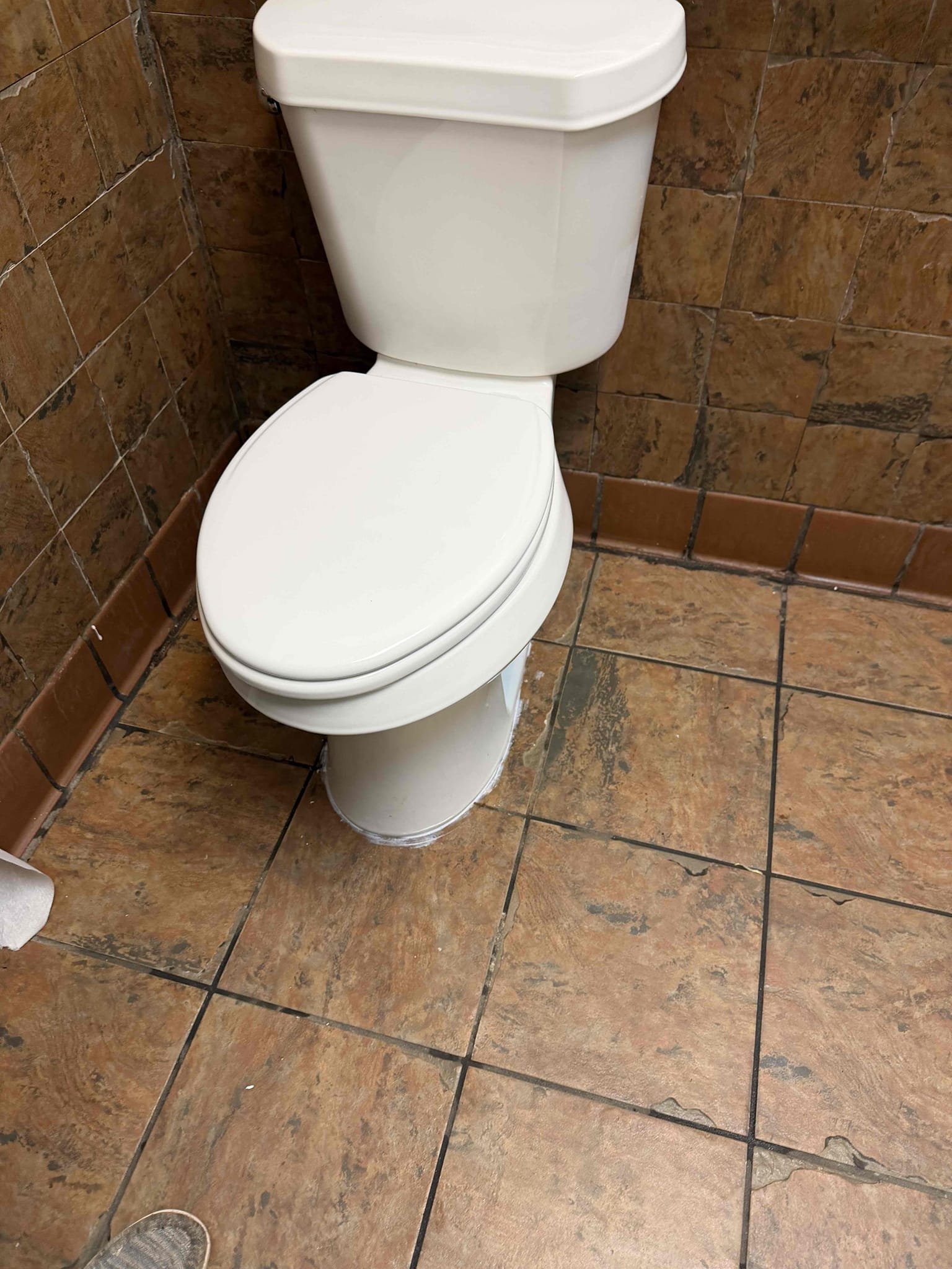 Install new flange from above and reset toilet. Also cut into wall behind toilet around service valve and cut and install new service valve and supply line. 

*If we have to bust up concrete in order to replace flange there will be an additional charge and also if any other work is needed there will be an additional charge*

Arrived and in men’s bathroom, found that toilet was already pulled and found that flange was broken and also service was leaking. Give customer quote for repairs needed, and customer agreed. Went ahead and installed new toilet flange and also new service valve. Tested and at this time there was no leaks present and toilet was working as it should. Caulked around base of toilet and cleaned up work area.