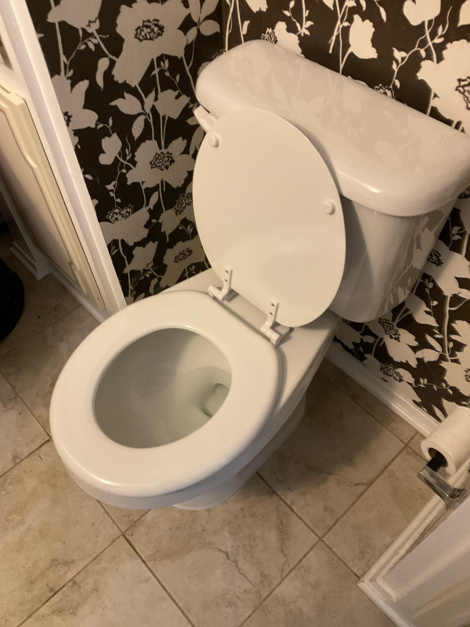 We arrived today found a clogged toilet , this has nothing to do with previous work we did , I replaced this toilet with a new 10 “ rough round western toilet today . 
