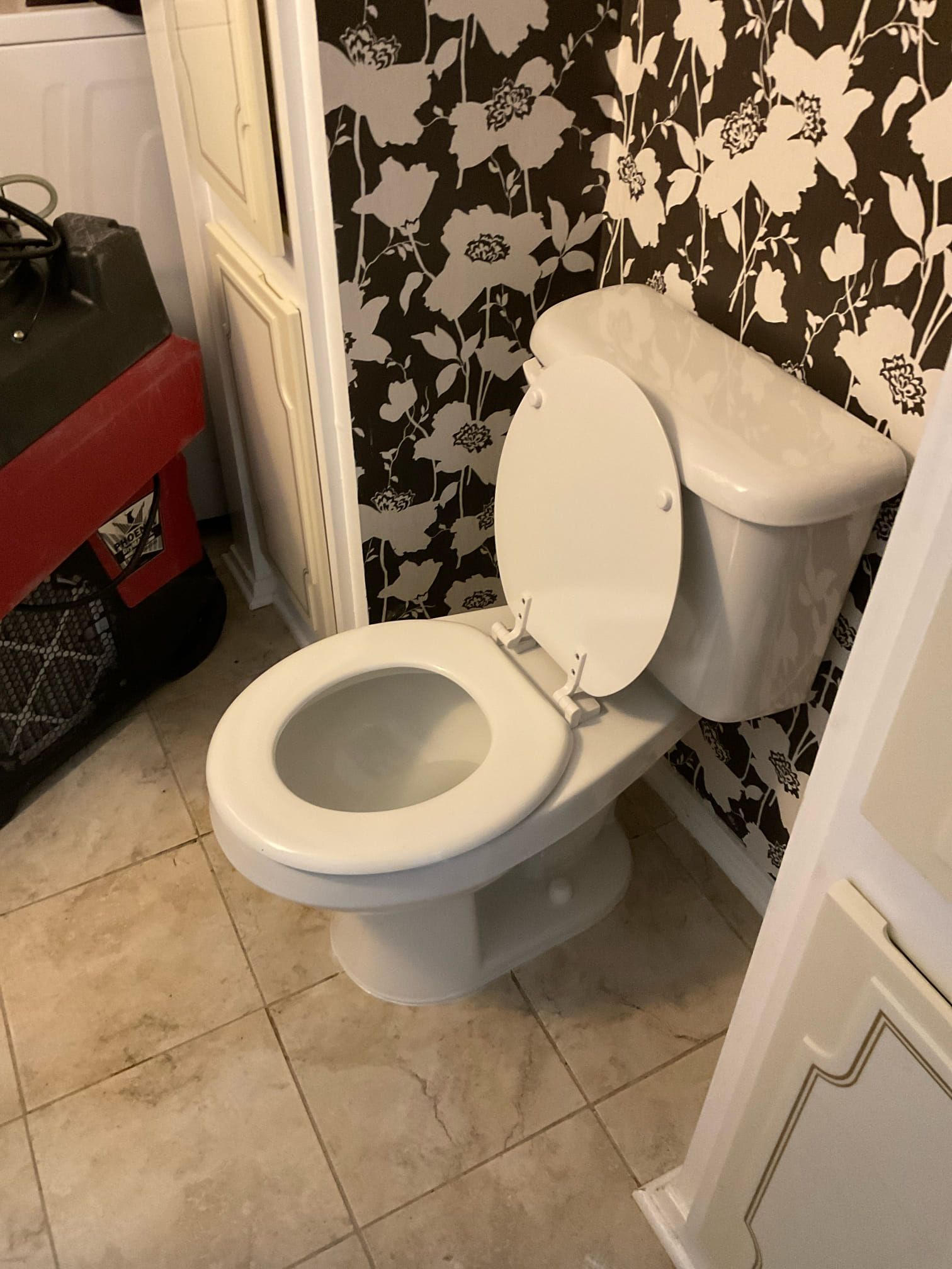We arrived today found a clogged toilet , this has nothing to do with previous work we did , I replaced this toilet with a new 10 “ rough round western toilet today . 