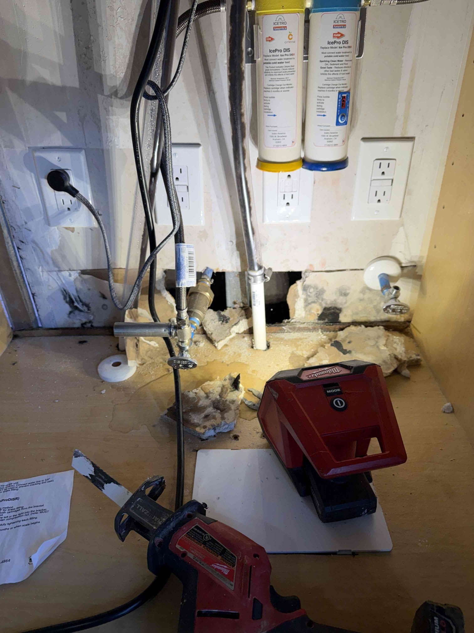 Customer stated there was leak under icemaker cabinet. Went ahead and removed sheet rock and didn’t notice any water leaks. Did find that drain wasn’t in drain hole so went ahead and extended drain piece to go into drain hole. Stated to customer that the drain was going onto the floor, which was causing the sheet rock to soak it up. Cleaned up work area. Also stated to customer that building pressure is above 80 psi and will recommend to contact property manager to get pressure issue addressed to prevent future leaks. Will send estimate to install new PRV.