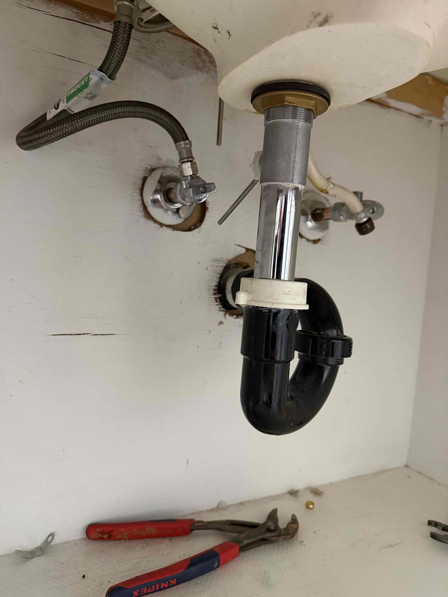 During yearly inspection found that PRV had rust spot and also a few service valves that were leaking. Also customer wanted disposal replacement. Went ahead and installed new PRV with new shut off valve. Also rework some piping to make new PRV fit. Installed new garbage disposal. Bathroom and basement replaced service valve for toilet and upstairs in hall bath replace both and hot service valves on right lavatory. Tested all work and no leaks for present at this time. Cleaned up work area.

Lavatory that we replace service valves for will be out of use due to corrosion on bottom of faucet. Will recommend for customer to purchase an 8 inch spread lavatory faucet and have us come back and install it.