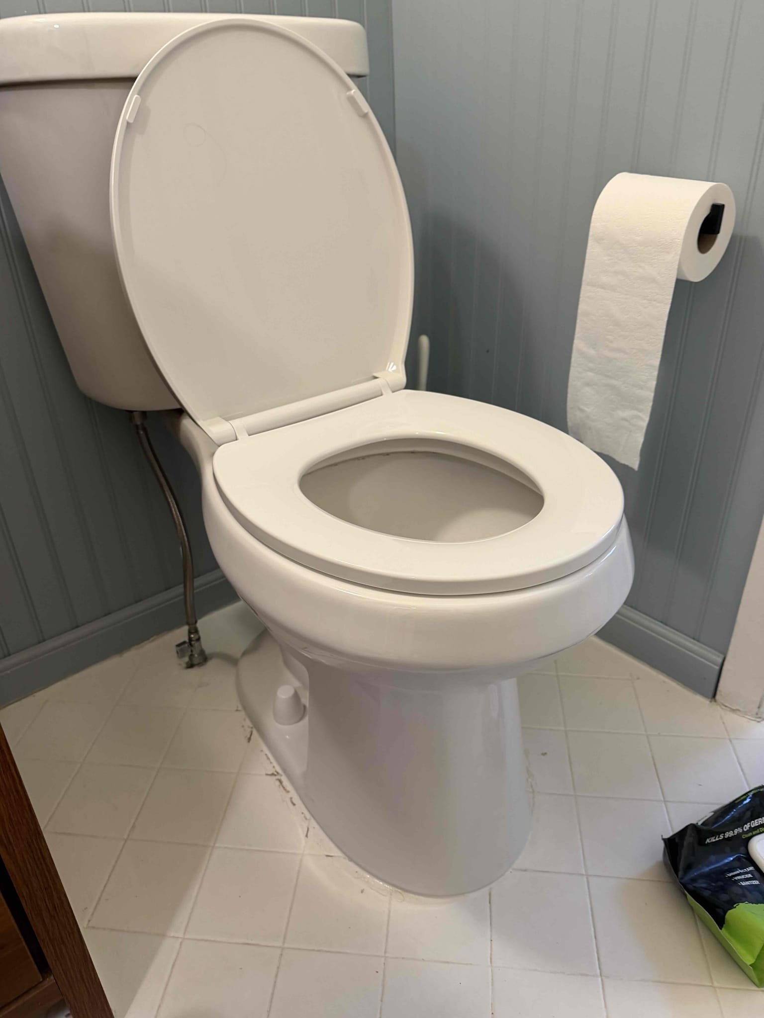 Remove existing toilet and haul away. Replace flange and install customer provided toilet.

Pulled old, toilet and hauled away. Remove existing flange and replaced with PVC flange from above. Install customer provided toilet. Also replace service valve for toilet. Tested and no leaks were present at this time and also toilet was working as it should. Cleaned up work area and caulked around base of toilet.