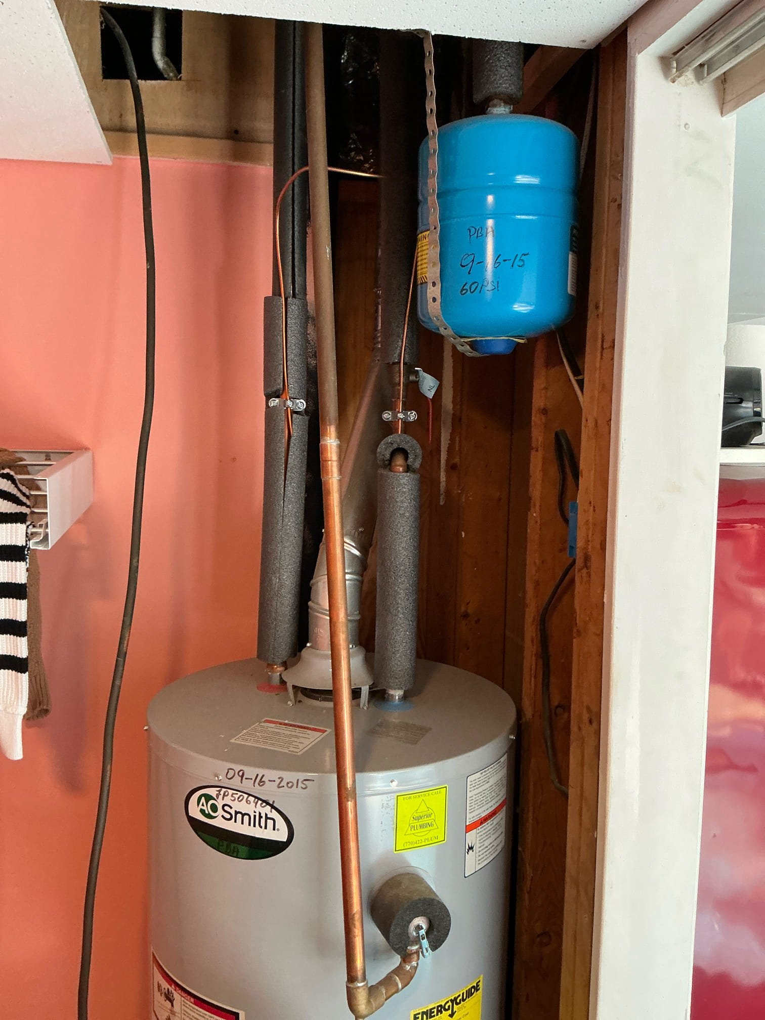 Water heater leaking upon arrival. Customer stated he noticed this morning his water heater was leaking. Informed customer when they start to leak they have to be replaced. Gave customer estimate, customer approved estimate. Installed new Rheem 40 gal gas short water heater with new pan, expansion tank, and shutoff valve. Turned water and gas back on to check for leaks. Found no leaks. Fired up water heater. Water heater is working properly and no leaks upon departure.