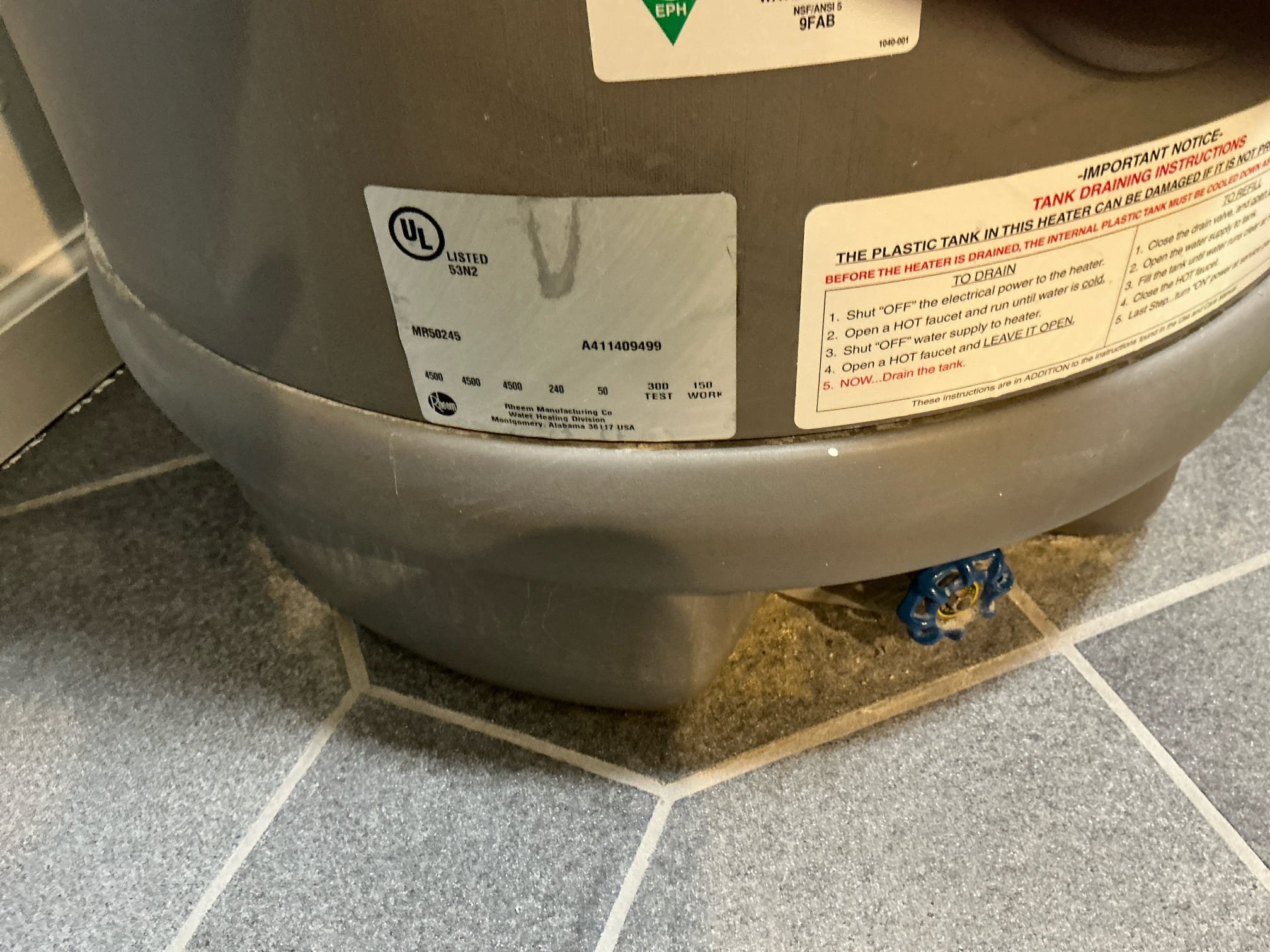 No hot water upon arrival. Customer stated they were only getting Luke warm water around the house. After looking at water heater found it to be 11 years old. Informed customer we would not be able to repair the water heater but we could replace it. Gave customer estimate, customer approved estimate. Installed new Rheem 50 gal electric water heater with new expansion tank, pan, and shutoff valve. Turned water back on to check for leaks found no leaks. Hooked up electrical to water heater fired it up. Water heater is fired up and working properly. No leaks upon departure 