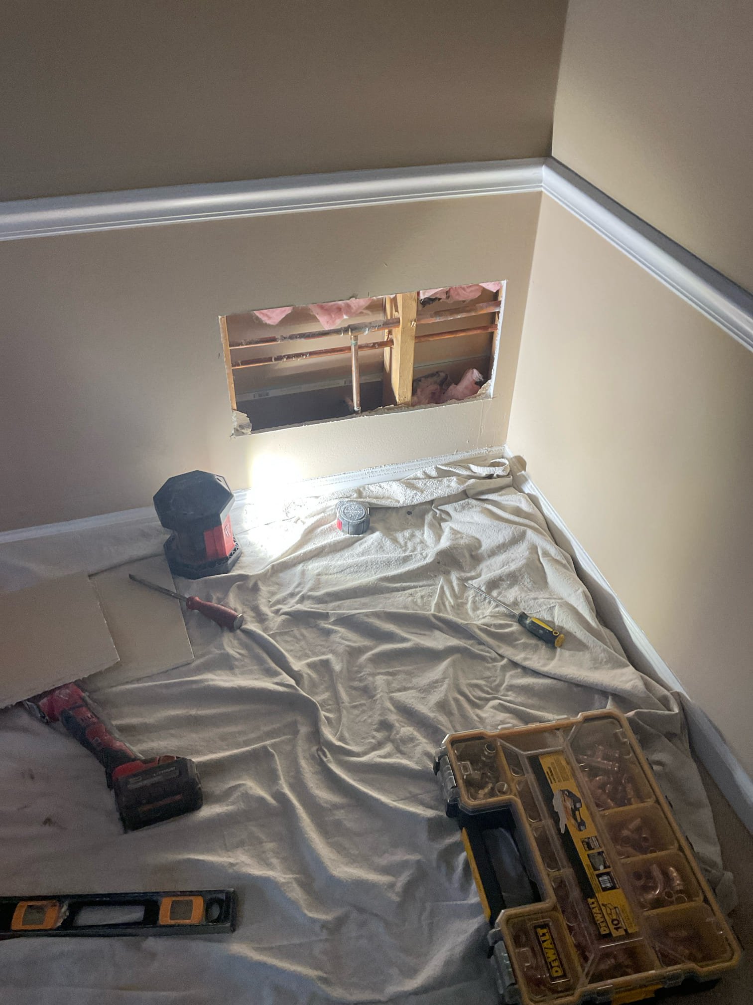 Today we opened wall behind bathroom sink and toilet , switched hot water to cold water for toilet with copper pipe inside wall , we cleaned shower drain , we replaced a master shower head brush nickel 