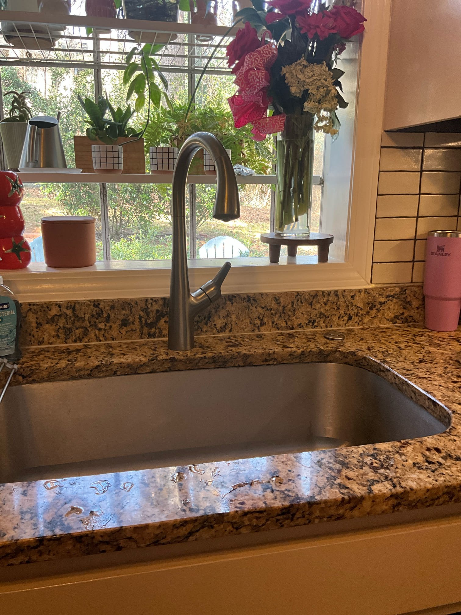 Return to install customer provided kitchen faucet.

Removed failed American standard kitchen faucet and installed. Moen single handle pull down style faucet. Shut off valves were previously replaced this week, and pressure regulating valve has been checked. 

Installation of faucet was completed, and water tested. No leaks found. Pressure is normal and no blockages remain inside hot water lines.