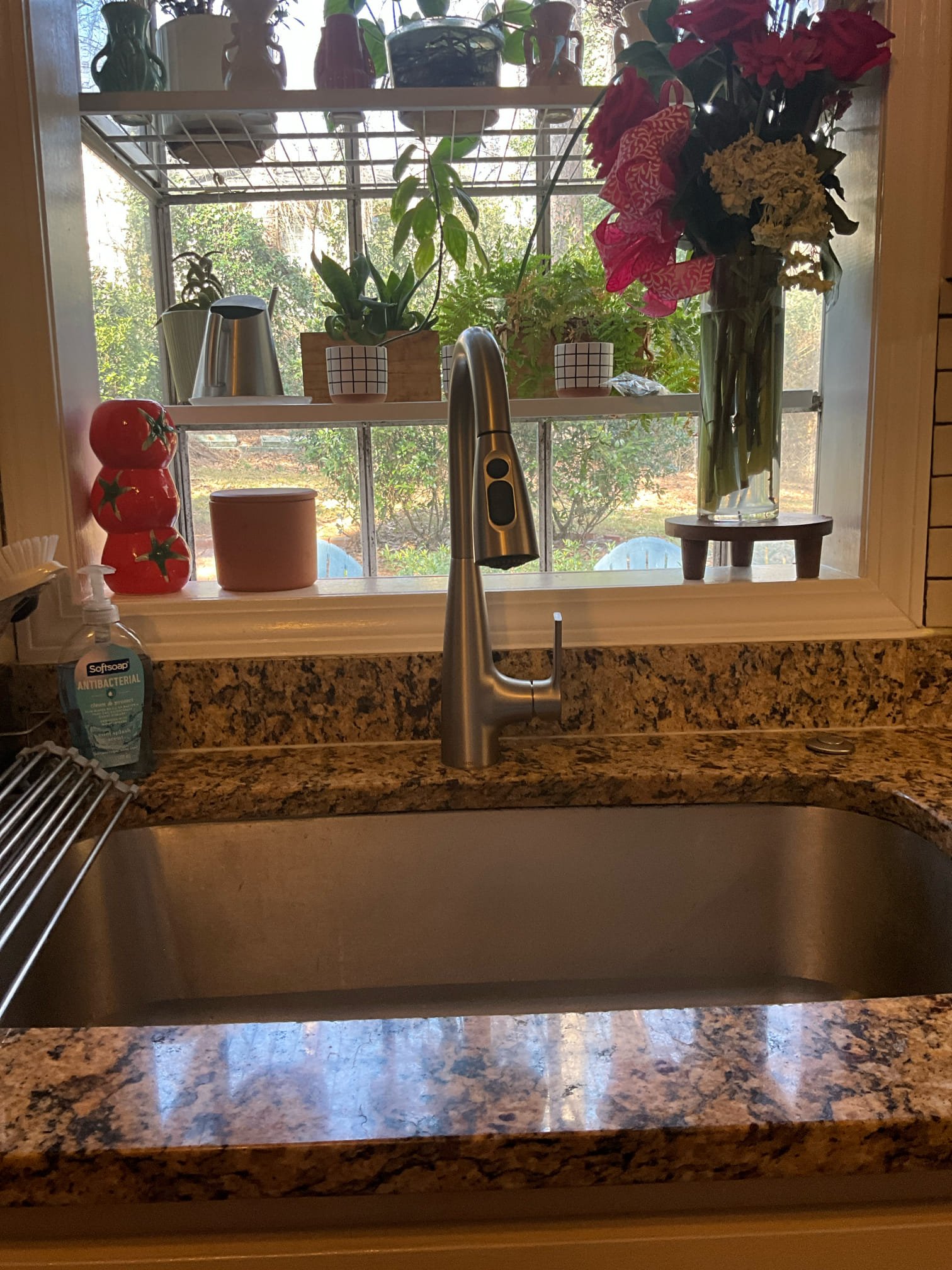 Return to install customer provided kitchen faucet.

Removed failed American standard kitchen faucet and installed. Moen single handle pull down style faucet. Shut off valves were previously replaced this week, and pressure regulating valve has been checked. 

Installation of faucet was completed, and water tested. No leaks found. Pressure is normal and no blockages remain inside hot water lines.