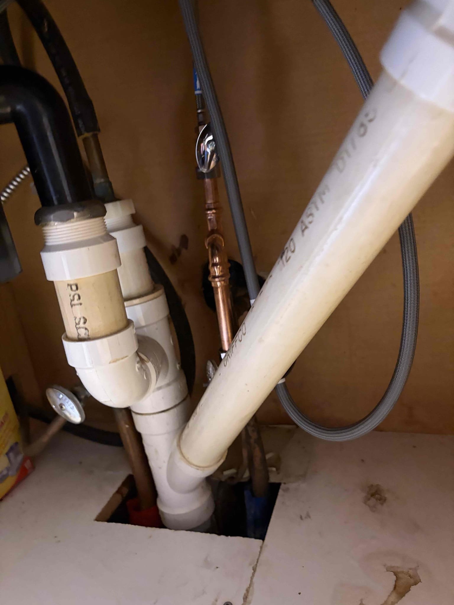 With CUSTOMER, he had to redo the icemaker waterline with new compression angle stop however we had to modify it the customers on a slab and the pipes come in from a really weird angle from the slab so we had to modify the compression angle stops. We replaced the hot and the cold and then we also replaced the icemaker waterline as well. Use the tea with the street 90 to make the drop connection in order to tile onto the waterline connection for the icemaker once complete. There are no leaks from the angle stops. The customer also wanted us to supply and install a brand new faucet so therefore we installed a chrome American standard faucet single hole with the plate Once installed there are no leaks. 