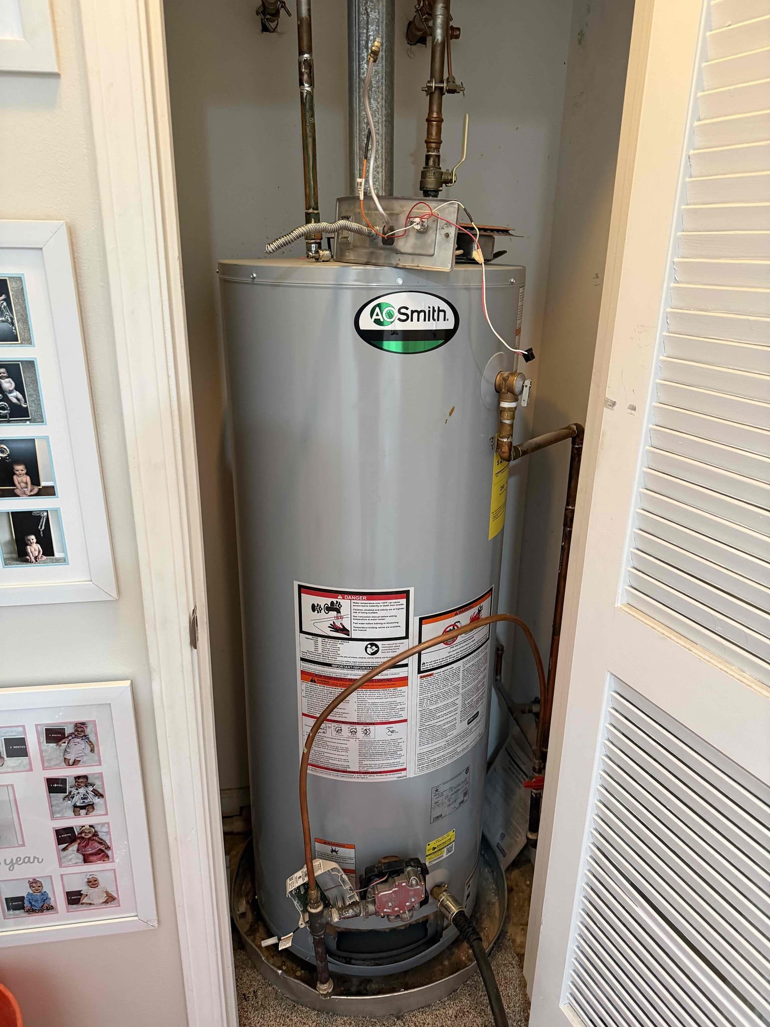 Water heater not working upon arrival. Customer stated he attempted to fix the water heater after the pilot light wouldn’t light. After looking noticed water heater to be 10 years old. Informed customer we would not be able to repair the water heater but we could replace it. Gave customer estimate, customer approved estimate. Installed new Rheem 50 gal gas tall with a new expansion tank, shutoff valve, pan and gas whip. Turned water back on to check for leaks and found none. Fired water heater up and set the temperature to 120 degrees. Water heater is fired up and no leaks upon departure 
