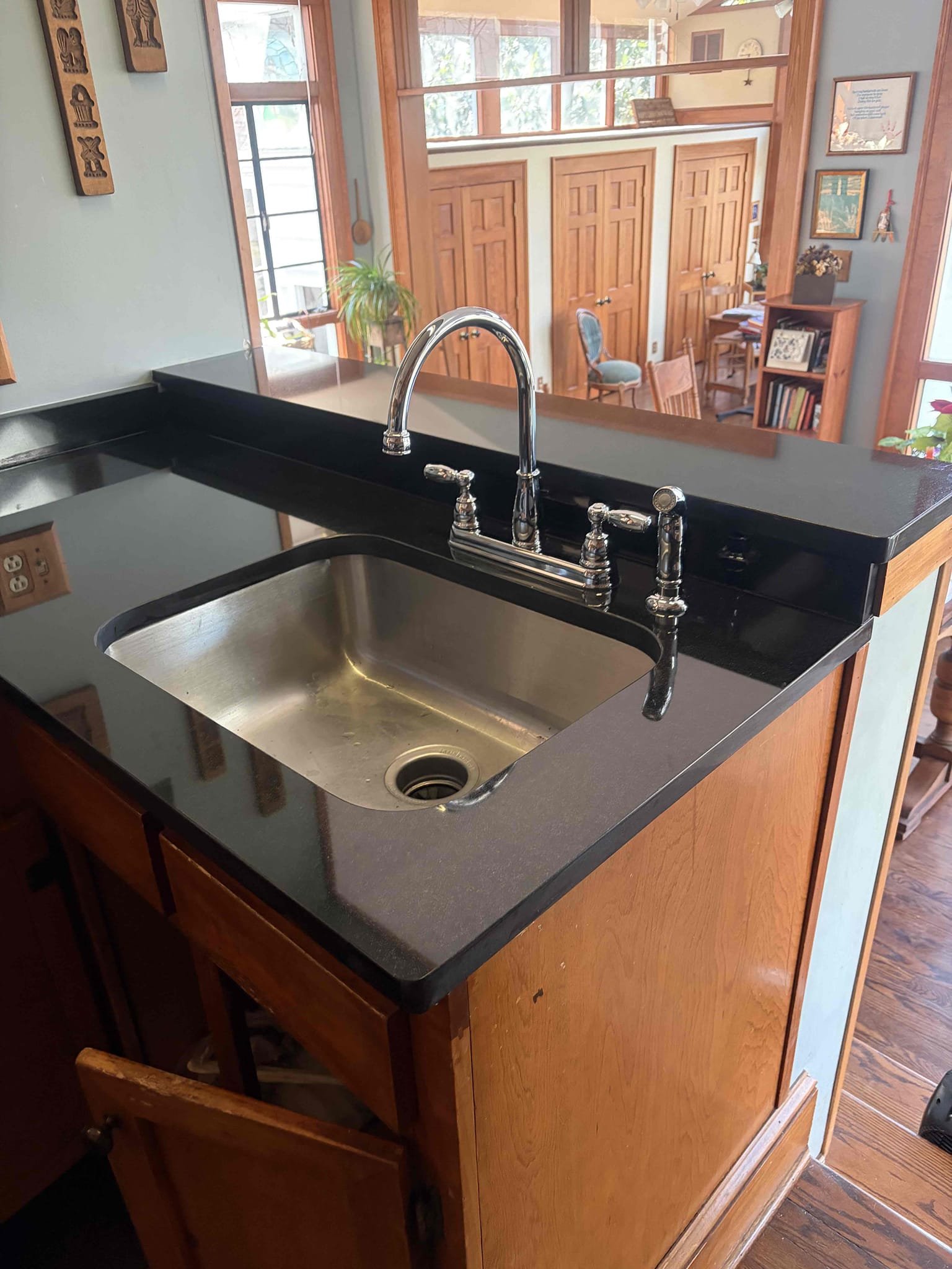 For this homeowner came out to their house earlier last week to diagnose a two handle shower valve that was leaking. It was just the cold side that was leaking. However, I recommend the customer to buy the hot and cold stems just because it would be easier for them to know when it gets delivered without in mind install just the cold side stem because that was the problem. However, if we have to come back to install the hot side stem we can but considering it was just a cold and I recommended we just replaced the cold. We installed the cold with no leaks put the handle back on, had to modify the stem by cutting some threads off with the bandsaw, however, there is no leak from installation with that in mind. The customer also had people replacing the granite countertops and the granite people said that they would have a plumber come out and reassemble the kitchen sink faucet however they took out this kitchen sink faucet is not the way that I can go back in the parts are rusted so theref