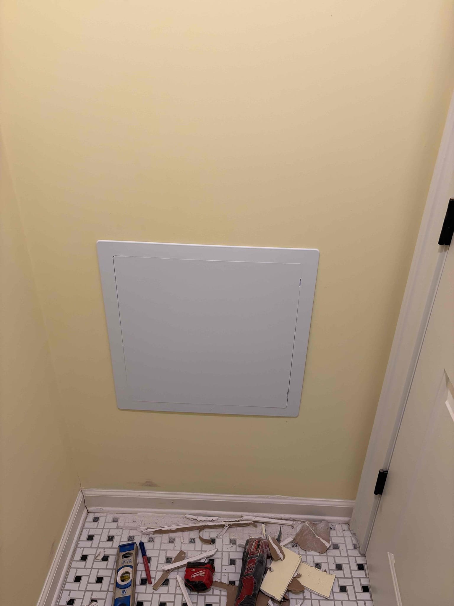 Returned to install the access panel in daughters bathroom for the previously replaced tub/shower valve.