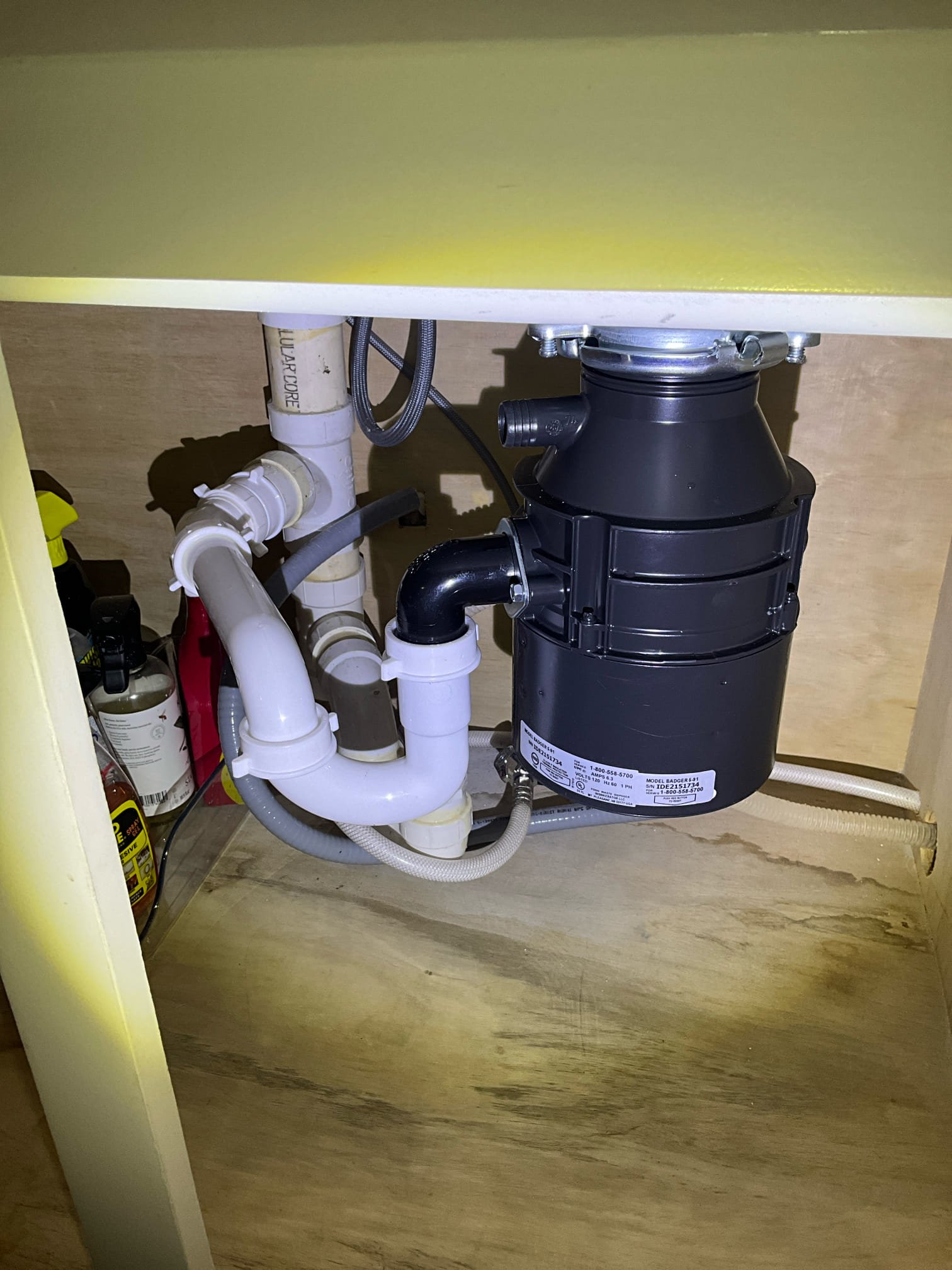 Returned and installed a new garbage disposal in the newly installed sink. Tested all work to ensure proper function and no leaks. None were found. 