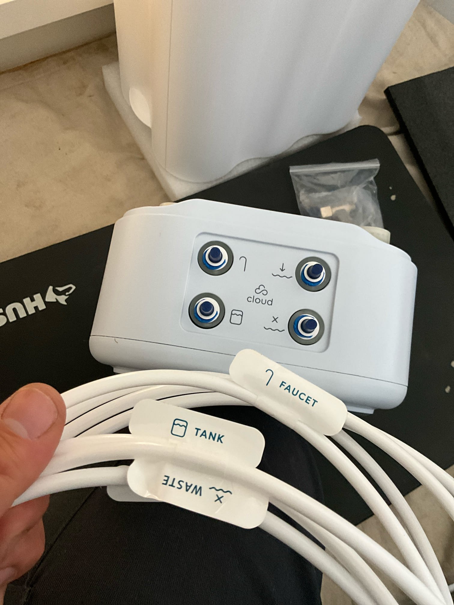 Call to install customer provided RO system in the kitchen, help to get screw out of disposal, and remove shower plate in master bathroom.

Alexandra has the cloud RO system on site, and I installed the system. Water pressure regulating valve is less than one year old. Shut off valves relatively new. Installed system, checked for leaks.

****Please allow the system to fill completely for a total of THREE TIMES. It should take 60-90 minutes to fill completely, after that open the faucet until the flow significantly drops.after three purging cycles, the unit is ready to use.

Instruction and informational booklet left on top of the RO system.

While performing this work I removed a screw sitting in the basin of the disposal, tightened up the soap bottle for the sink, and removed broken strainer plate at customer request from shower, to accommodate drop in hair net.