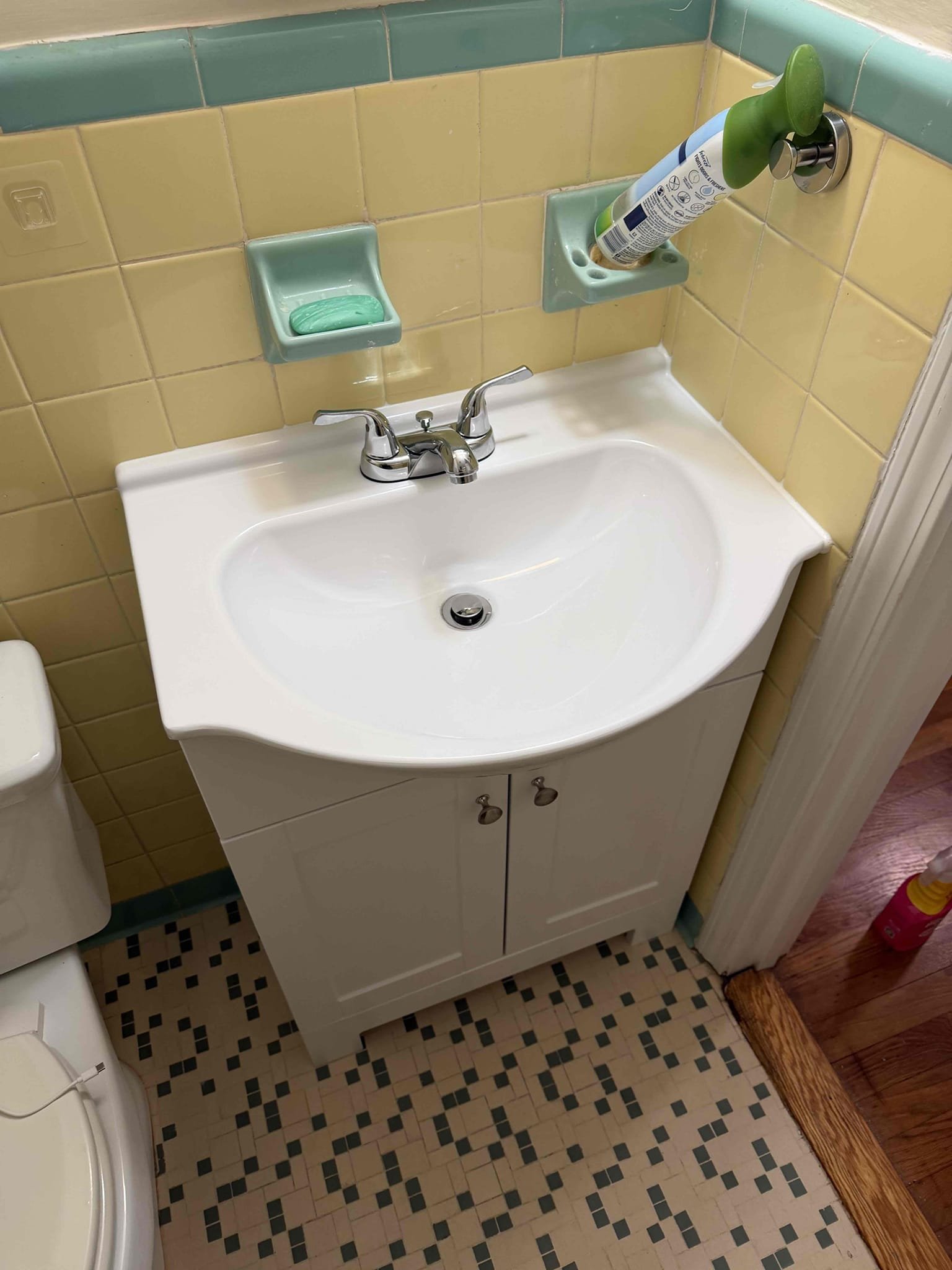 Remove old sink and faucet. Install customer supplied vanity and lavatory faucet.

Chen plumbing won’t be responsible for damages to tile.

If any additional work is needed there will be an additional charge
Unthread galvanized nipples and thread in brass nipples with new services valve. Also rework section of drain.

Shut water off to home and removed old sink. Also cut a section of drain out. Replaces section of drain with pvc piping. Unthreaded old galvanized service valves and installed new ones. Installed customer provided vanity and lavatory faucet. Turned water back on and tested work. No leaks present at this time. Cleaned up work area. No warranty on customer supplied parts and also no warranty on galvanized connections due to age of pipe. 