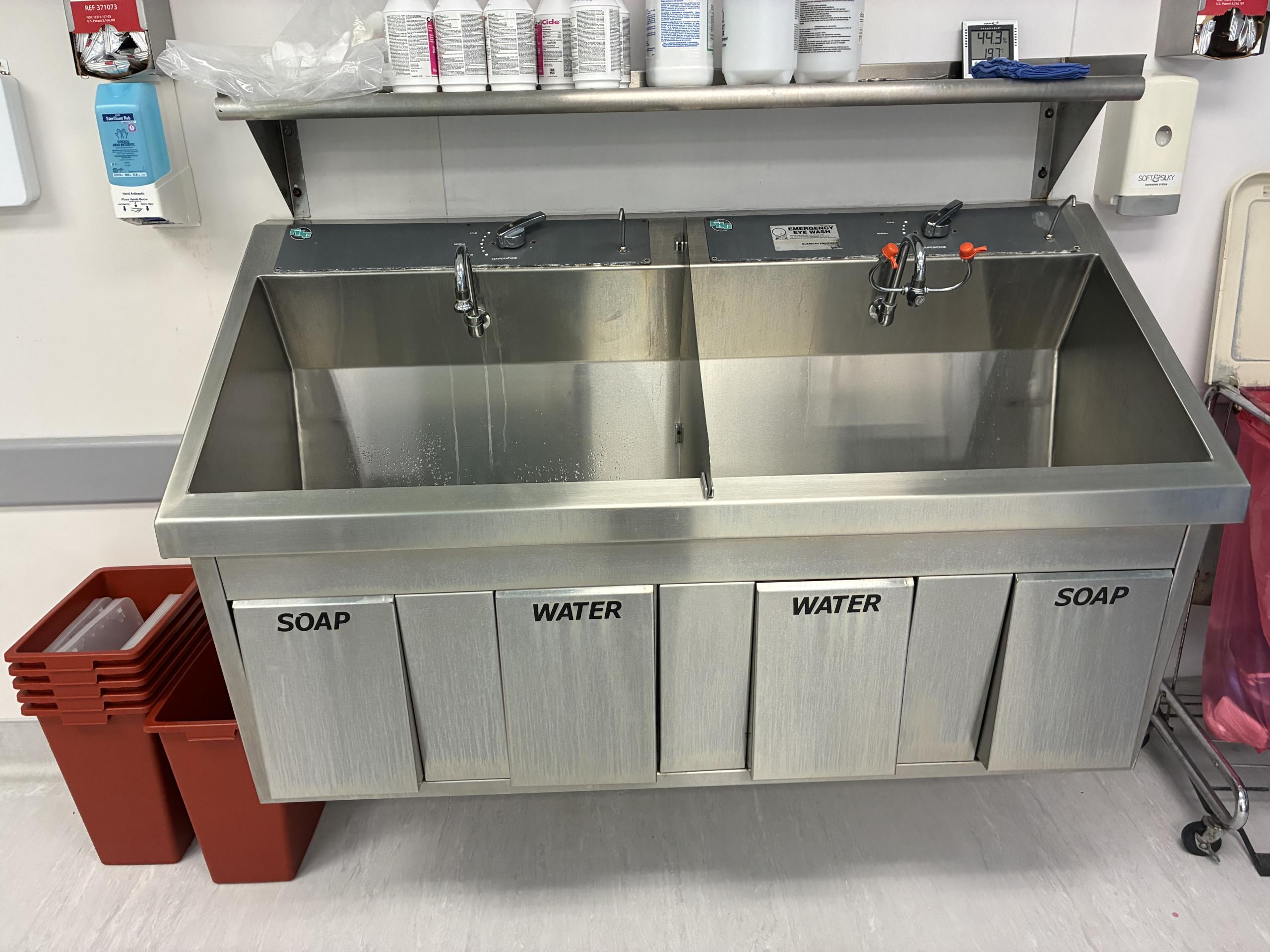 Replace activation valve and plumb in for left side scrub sink in surgical room.

Notes for office: Please verify with Shawn that part has arrived and is in our warehouse before accepting scheduling. Once part is in, please ask Nate, the facilities manager, to allow a 4 hour time window (such as 9am-1pm). Repair should be 2 hours plus a buffer for unexpected delays.

Day of work: Returned and replaced activation valve for left side of scrub sink in surgical room. During this we found that the push door is also broken, likely as a result of excessive force being used to attempt to activate failing activation valve when it was still partially working. I have emailed a point of contact to the facilities manager Nate so they can get replacement doors and other parts as needed.

While on site, Nate also discussed removing roughed in plumbing in the storage area and a cleanup closet. We weren’t able to find any isolation valves at this time, but Nate is going to check blueprints and see if t