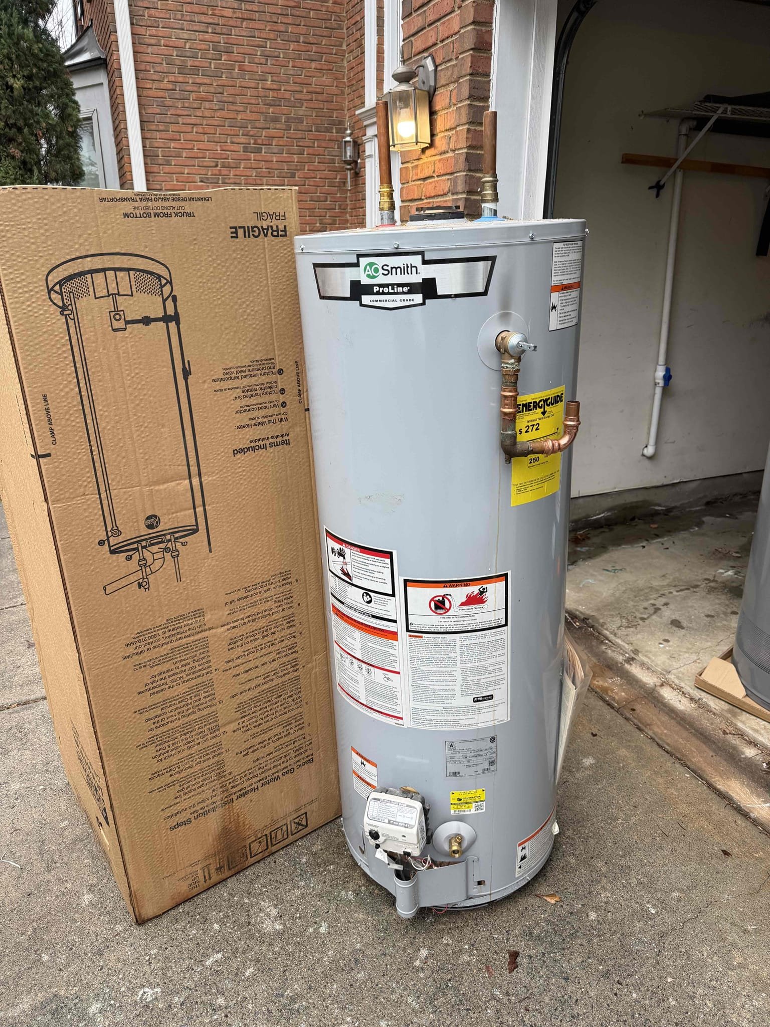 Water heater leaking upon arrival. Customer stated he woke up this morning and the water heater was leaking. Informed customer we could not repair the water heater but we could replace it. Gave customer estimate, customer approved estimate. Installed new 50 gal gas Rheem water heater with a new expansion tank and shutoff. Turned water back on to check for leaks. Found no leaks. Fired up water heater. Water heater is fired up and working properly. No leaks upon departure 