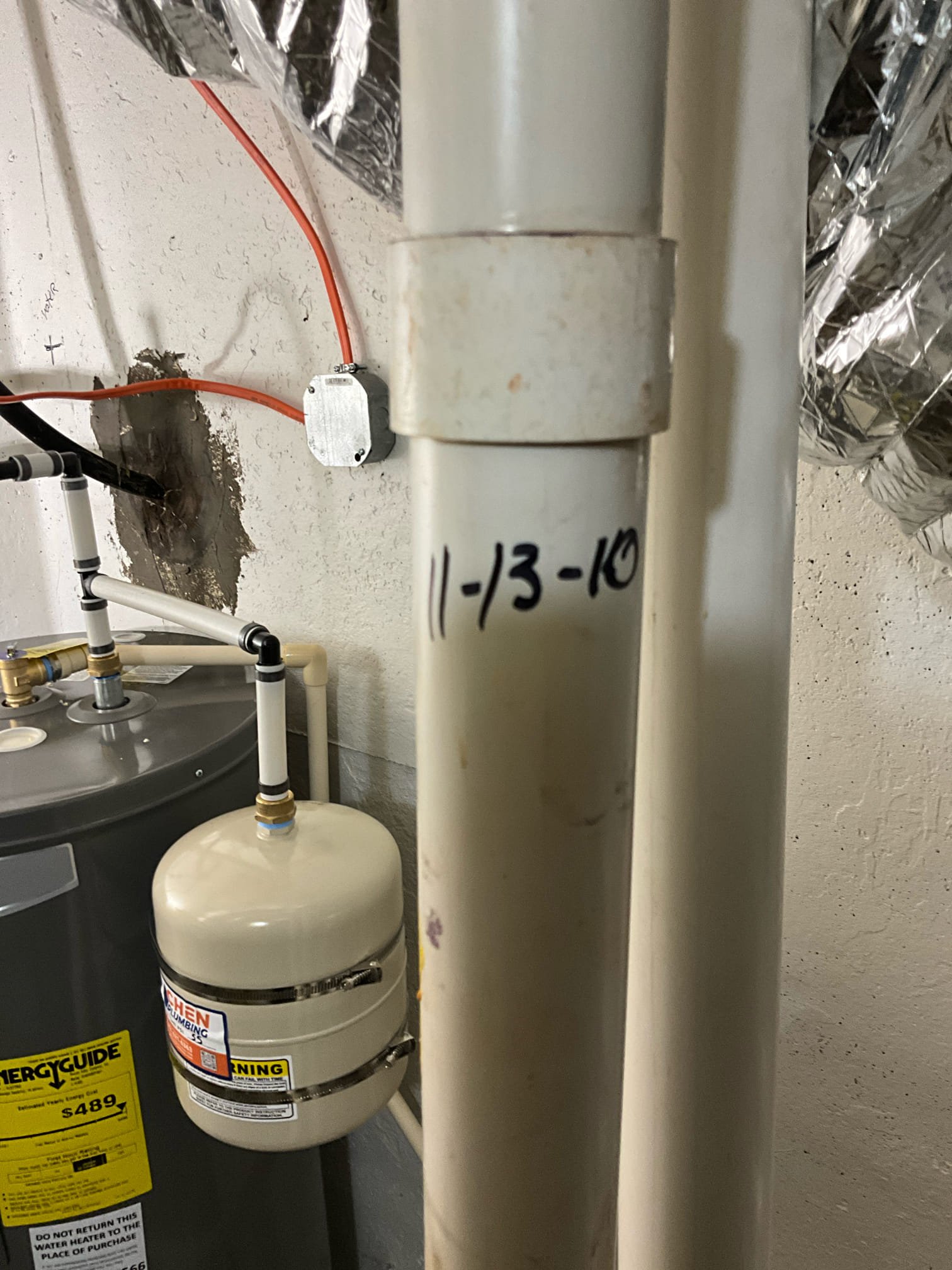 Call for water dripping from ceiling in basement. 

Met with Mr. And Mrs. Pigford. They mentioned that after taking a bath last night they noticed water dripping from the ceiling in the basement bathroom. I inspected below and bore, found a failed water and overflow outlet. Corrected overflow seal and resecured.

While inspecting I also found. Pressure regulating valve from 2006 with severe corrosion, and a water heater from 2010. I discussed concerns and Mr.and Mrs. Pigford elected to replace these pieces of equipment to avoid risk of failure and water damage. I installed. New pressure regulating valve. 

Replaced 40 gallon electric water heater with a new water heater. The new unit also included a new shut off valve, the addition of a thermal expansion tank and mount, and a drip pan.

