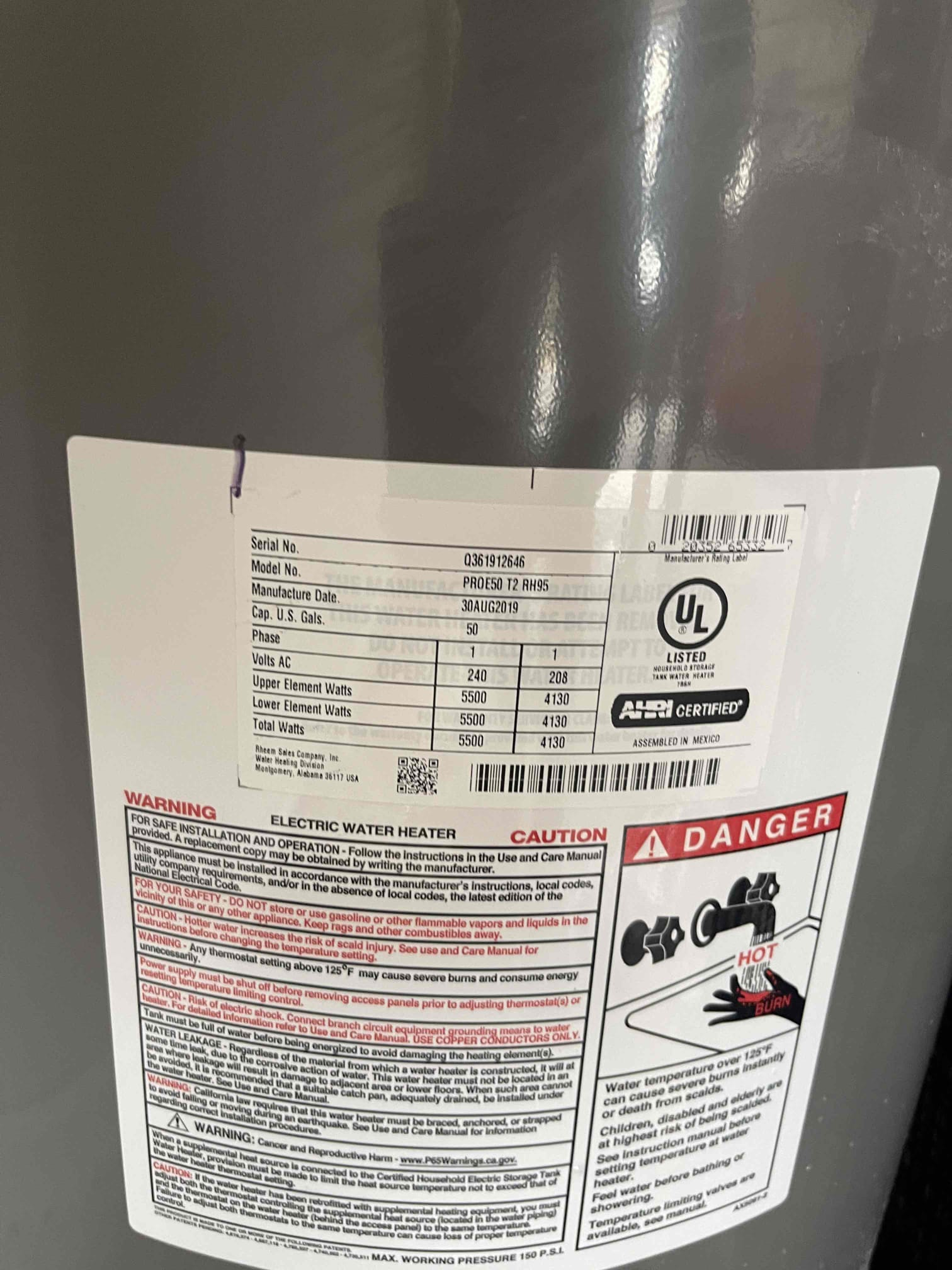 Expansion tank had rusted through and was leaking. Expansion tank failed due to how the builder connected the recirc pump. Hot water is getting pumped into the expansion tank and causing the rubber bladder to fail quicker than normal. Recommended having the recirc line repipe through the drain port whenever the tank gets replaced. Replaced expansion tank and set to 50 psi. No further issue at this time. We flushed the water heater at no charge since we had to drain the water heater partially anyway. 