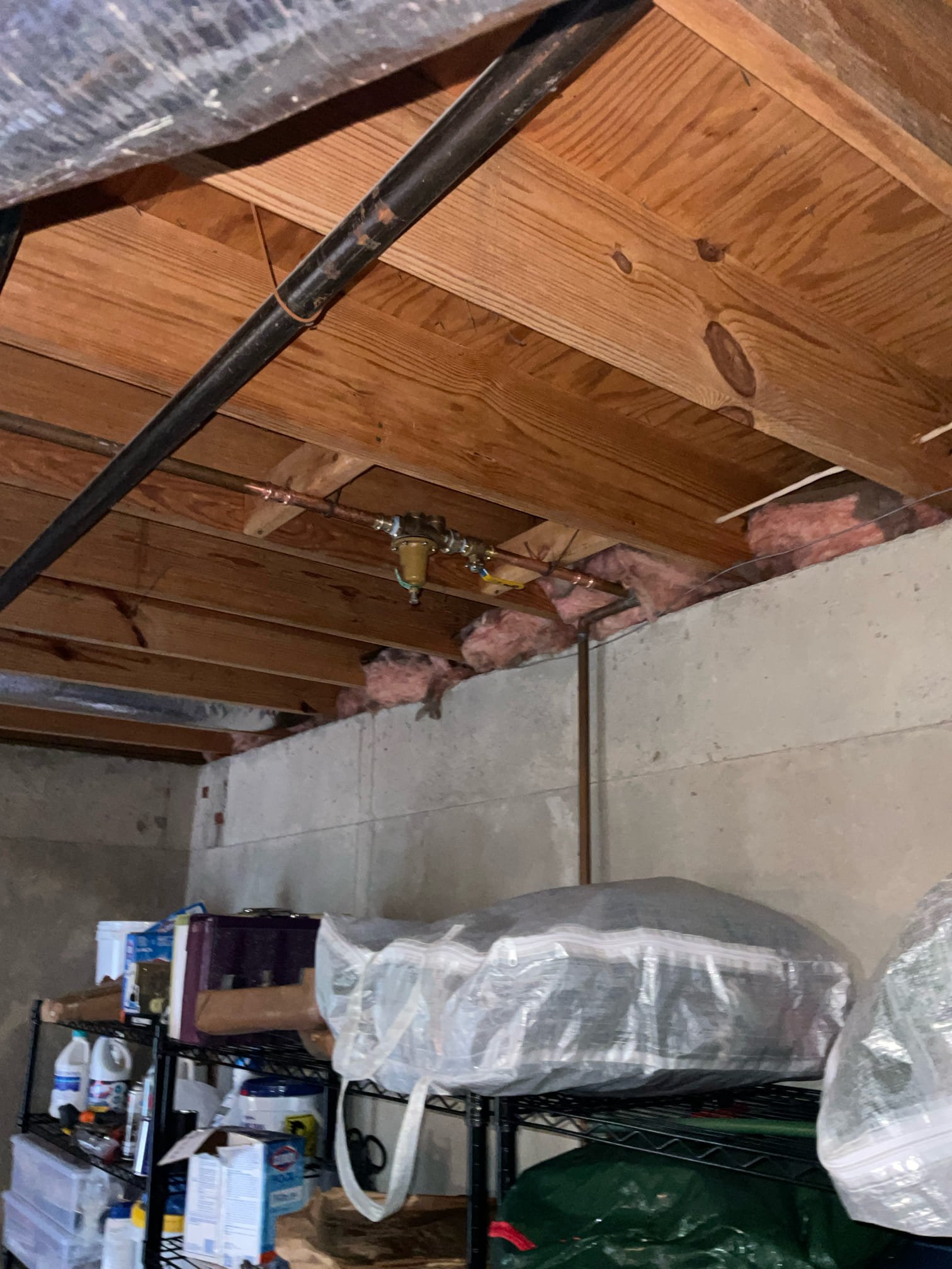 Stain in garage ceiling, Opened ceiling inside garage , did not find any plumbing related leak , also today we found a leak in basement bathroom ceiling caused wet carpet and floor , fixed busted copper pipe in ceiling, replaced main water shut off valve and Prv today as well . Pressure was 125 psi . 