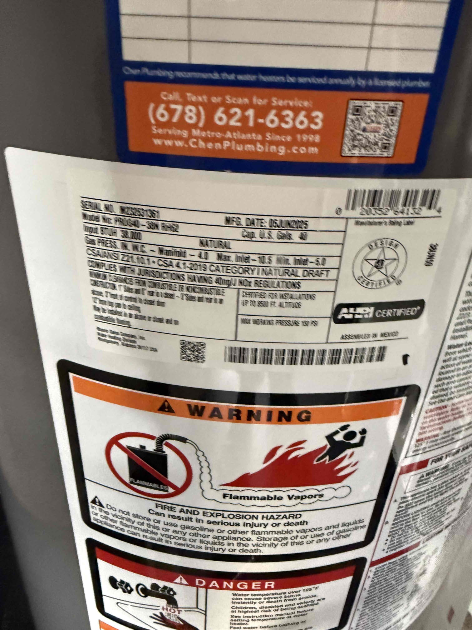Water heater making noise upon arrival. Customer stated the water heater was old and made noise so she wanted to replace it. Gave customer estimate, customer approved estimate. Installed new 40 gal gas Rheem water heater, new expansion tank mounted up, new shutoff valve, new pan. Turned water back on to check for leaks, found no leaks. Fired up water heater. Water heater is fired up and no leaks upon departure 