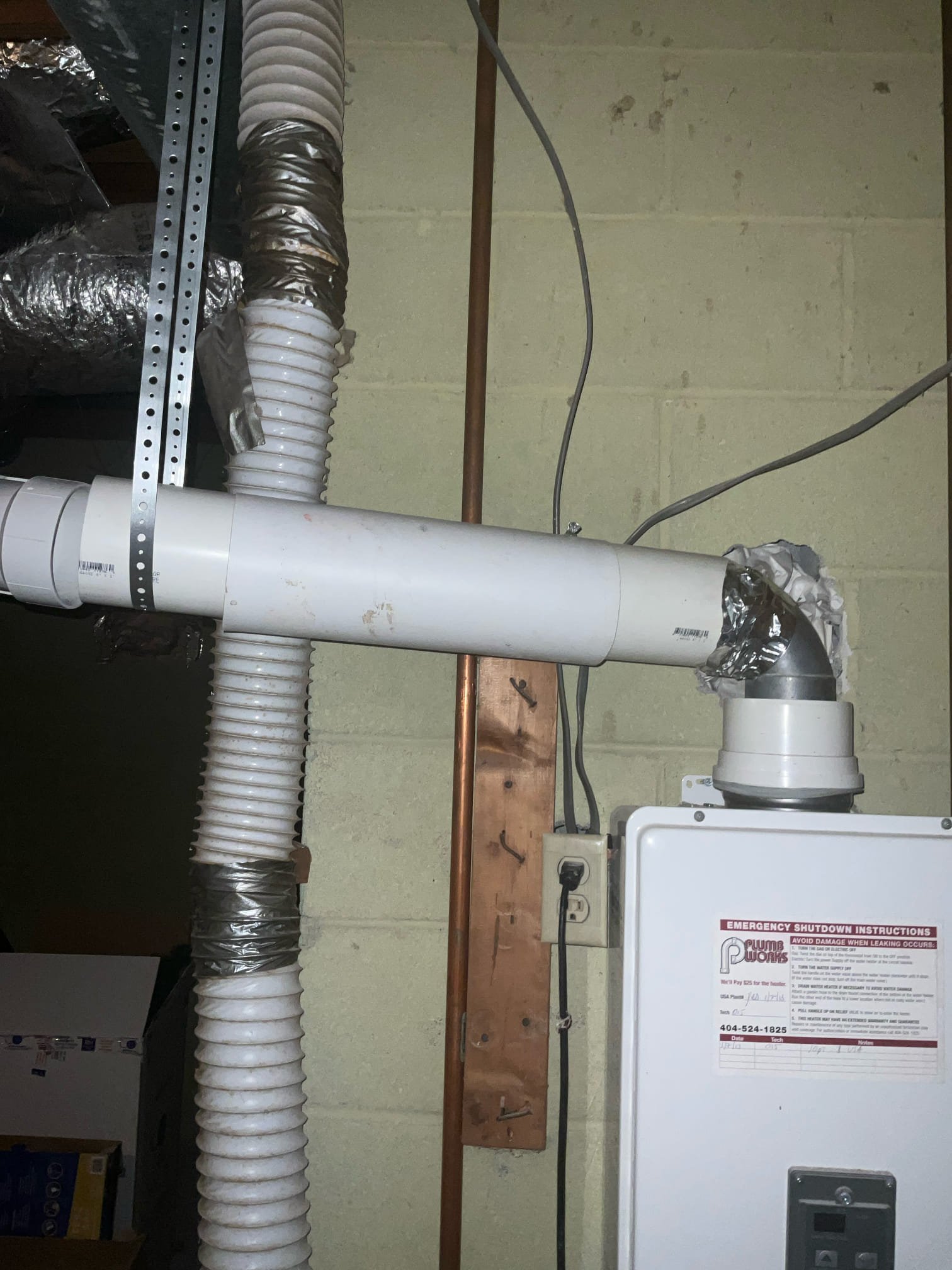 Customer has a tankless that was giving a gas smell and not working correctly. The tankless was installed in 2013 and has no service history. Customer had a contractor move the venting from inside an enclosed room in the basement to under the porch. They installed standard dwv pvc instead of concentric venting and didn’t glue joints. This caused a 90 to pop off and the unit was venting directly in the home. Piping also didn’t allow proper exhaust and intake even if it is sealed properly, which it wasn’t. Vent also didn’t extend far enough from wall and wasn’t sealed properly. Noted to customer the presence of a galvanized water service and grey poly water lines in the home. First priority is getting water heating safely in the home. Also noted that the gas line was teed after the furnace and if this causes issues pricing will need to be given to rework the gas line. 
