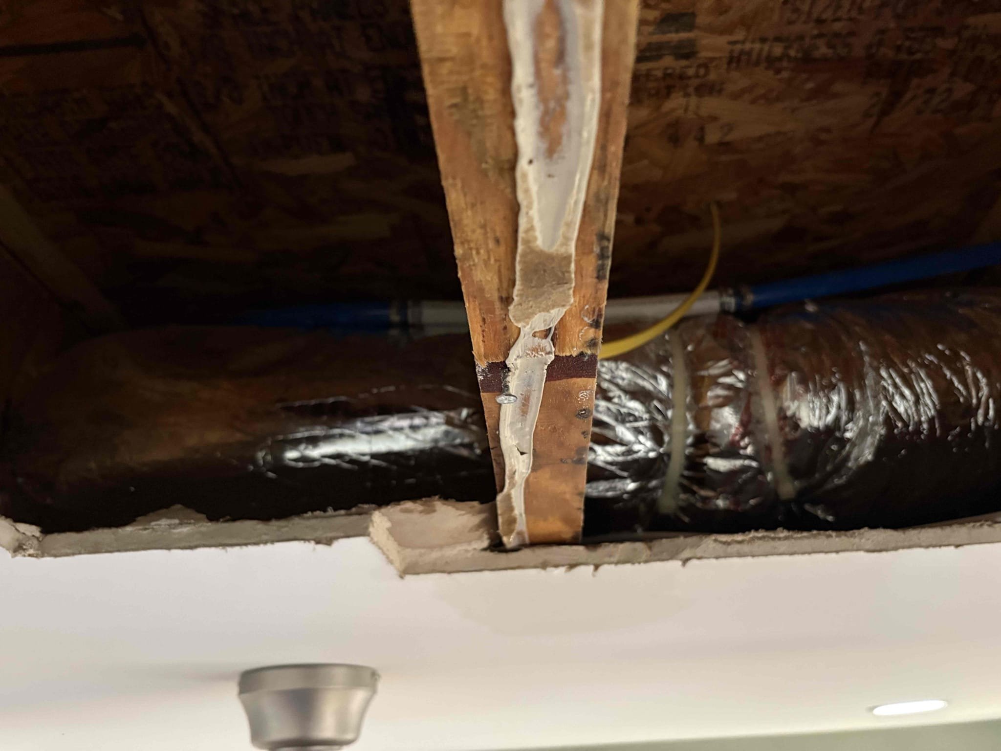 Client called us out due to there being a leak in basement bedroom ceiling that soaked the Sheetrock and was dripping onto the bed below. We cut out the wet Sheetrock and found a 3/4” pex pipe running through a joist and tight up against the sharp wood of the joist. Over time when water has been used the pipe has been rubbing on that wood and it caused the leak. OR the original installer installed it with the large gash in it. Cut out that section and repaired with 2 couplings, adding some insulation between the pipe and the wood. Check water pressure and it was good at 70 psi. 


1 yr warranty on the repair done today. 


SHEETROCK GUY: Gilmore: 770-231-1184. Tell him Chen Plumbing sent you for Sheetrock repair. 

Please leave us a 5 star review!