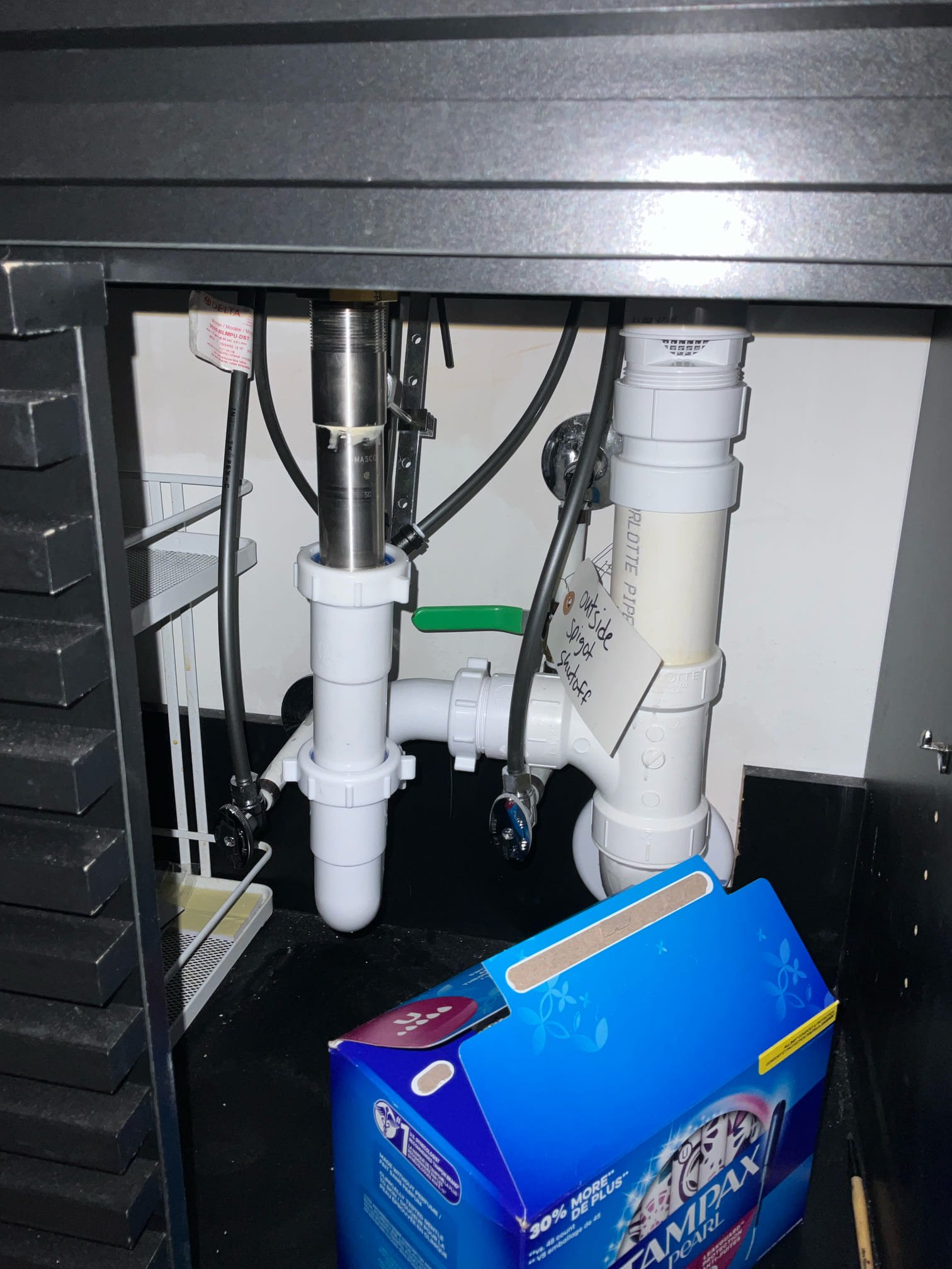 Customer had a leak from hose bib on side of house by driveway in February. Customer isolated the hose bib at ball valve under the lavatory faucet on main floor bathroom by front door. Recommended customer call carpenter to take apart shelving assembly by the side door for access first. Customer will call back for scheduling once it is removed for leak detection and diagnostics. 