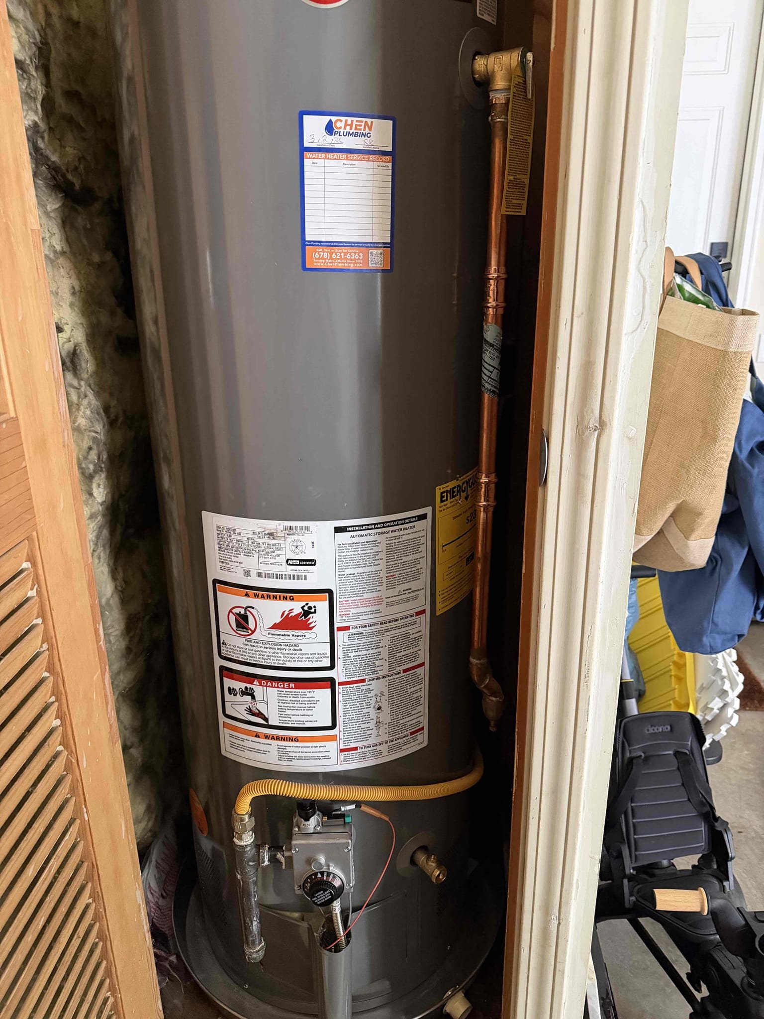 Remove existing water heater and haul away. Furnish and install new 40 gallon gas, tall heater with new thermal expansion tank and drip pan under heater. Also install new tank shut off. Also rework piping.

Removed old water heater. Furnish and installed new 40 gallon gas water heater with new thermal expansion tank and tank shut off. Also rework both hot and cold water lines. Tested and no leaks were present at this time. Bleed out as much air from the system as possible. Turned water heater on and there should be hot water within 45 minutes. Cleaned up work area. Also found that water pressure is at about 75 to 78 psi. Recommend recommended to customer have PRV replaced. Will send estimate to do so.