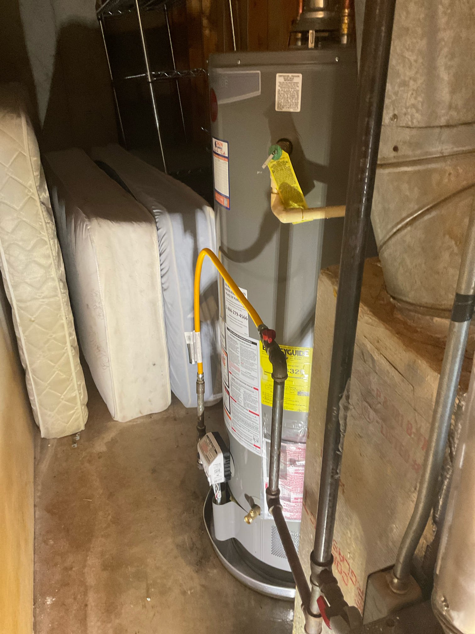 Replaced a leaking 40 gallon gas water heater with a Rheem 50 gallon gas heater , pan , expansion tank and new water shut off valve and gas flexible connector installed, replaced pressure regulator as well , discussed and signed up membership with customer today 