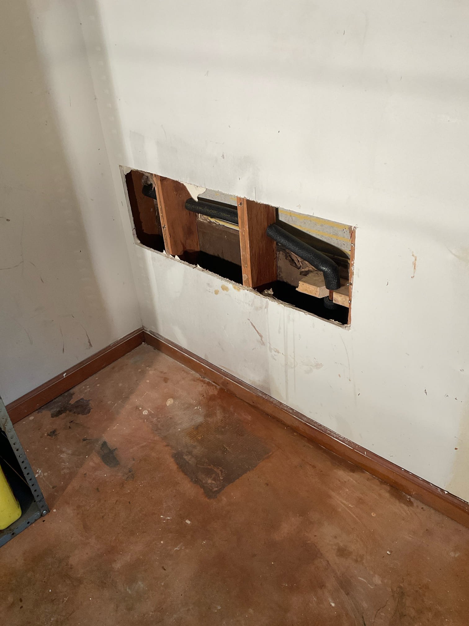 Freeze copper pipe busted inside wall , we opened wall 3 feet by 1 feet replaced section copper with 1/2 uponor pex A pipe , not include drywall repair work. 