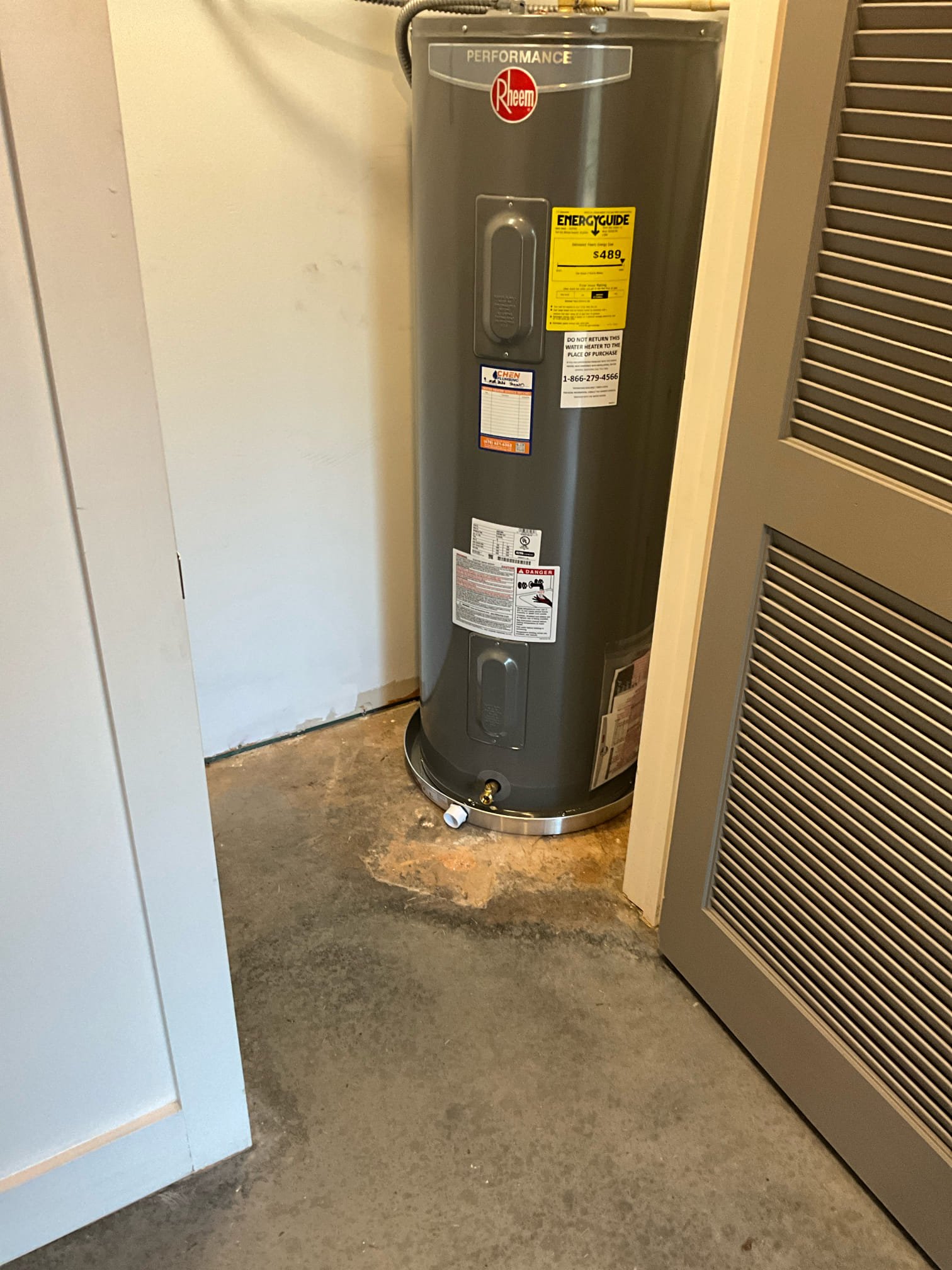 Call for leak near water heater and for garbage disposal.

Arrived and met with Ms. Natalie and Robert. They stated that they’ve had issues with the heat pump water heater within the last year, and that they’ve switched it to purely electric mode in the meantime. Now water is leaking from drain relief lines.

Inspection revealed: Heat pump water heater is out of warranty. Water pressure is maintained, newer prv with gauge is installed.d 65psi. Three stage house filtration system installed on main line. This was installed approximately 2019. Home is new build, not renovation.

Water heater had no leaks from connections. Thermal relief line is actively dripping to outside. When pulling the element cover I found that the interior tank has ruptured, and was allowing water to escape in between casing and insulation.

I discussed findings, possible solutions and replacements, and additional findings (rubber hoses on washing machine, consider Moen Flo for leak detection and shut off, and the 