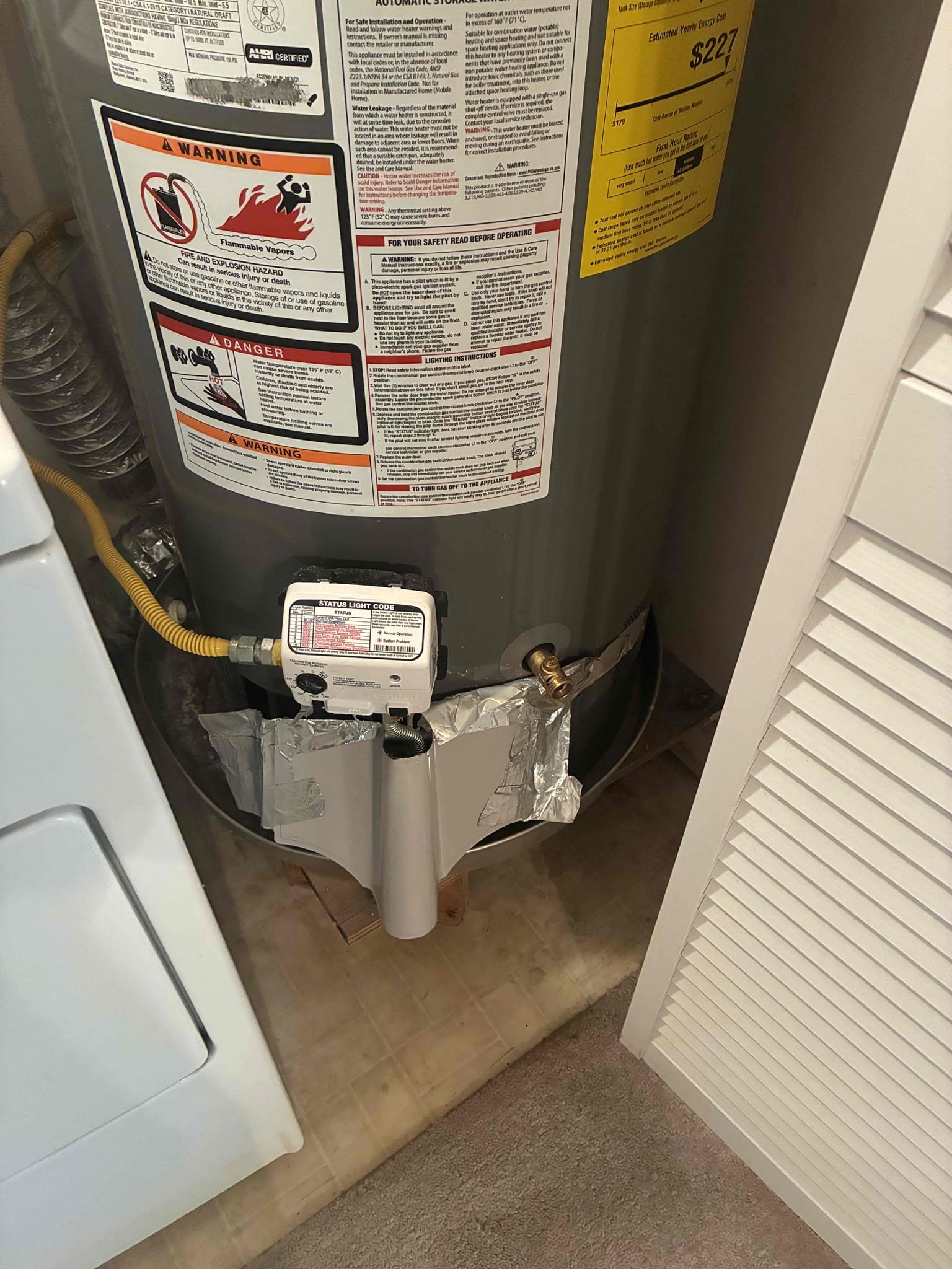 Customer had concerns about improper installation of water heater and furthering concerns that heater might be in bad condition and is not a new heater installed by other company. Went over a few installation errors with customer also found that the serial number model number and barcode were intentionally scratched off of heater. Customer and I agreed in replacing the heater being the best option to resolve all potential and existing issues alongside unknown condition of heater. Also found pressure to be high. Gave customer options to replace heater and PRV with main valve. Installed new rheem 40 gallon gas water heater with thermal expansion tank and bracket, new main valve to heater, and corrected various installation issues. Replaced PRV and installed new ball valve. pressure is now set to 60. Customer wanted to leave PRV in main valve as is and will address sheet rock at a later point.  After work was complete checked all areas for leaks and proper function.