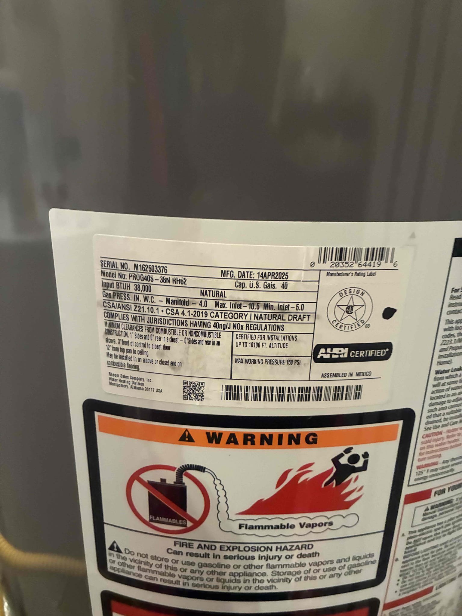 Customer had concerns about improper installation of water heater and furthering concerns that heater might be in bad condition and is not a new heater installed by other company. Went over a few installation errors with customer also found that the serial number model number and barcode were intentionally scratched off of heater. Customer and I agreed in replacing the heater being the best option to resolve all potential and existing issues alongside unknown condition of heater. Also found pressure to be high. Gave customer options to replace heater and PRV with main valve. Installed new rheem 40 gallon gas water heater with thermal expansion tank and bracket, new main valve to heater, and corrected various installation issues. Replaced PRV and installed new ball valve. pressure is now set to 60. Customer wanted to leave PRV in main valve as is and will address sheet rock at a later point.  After work was complete checked all areas for leaks and proper function.