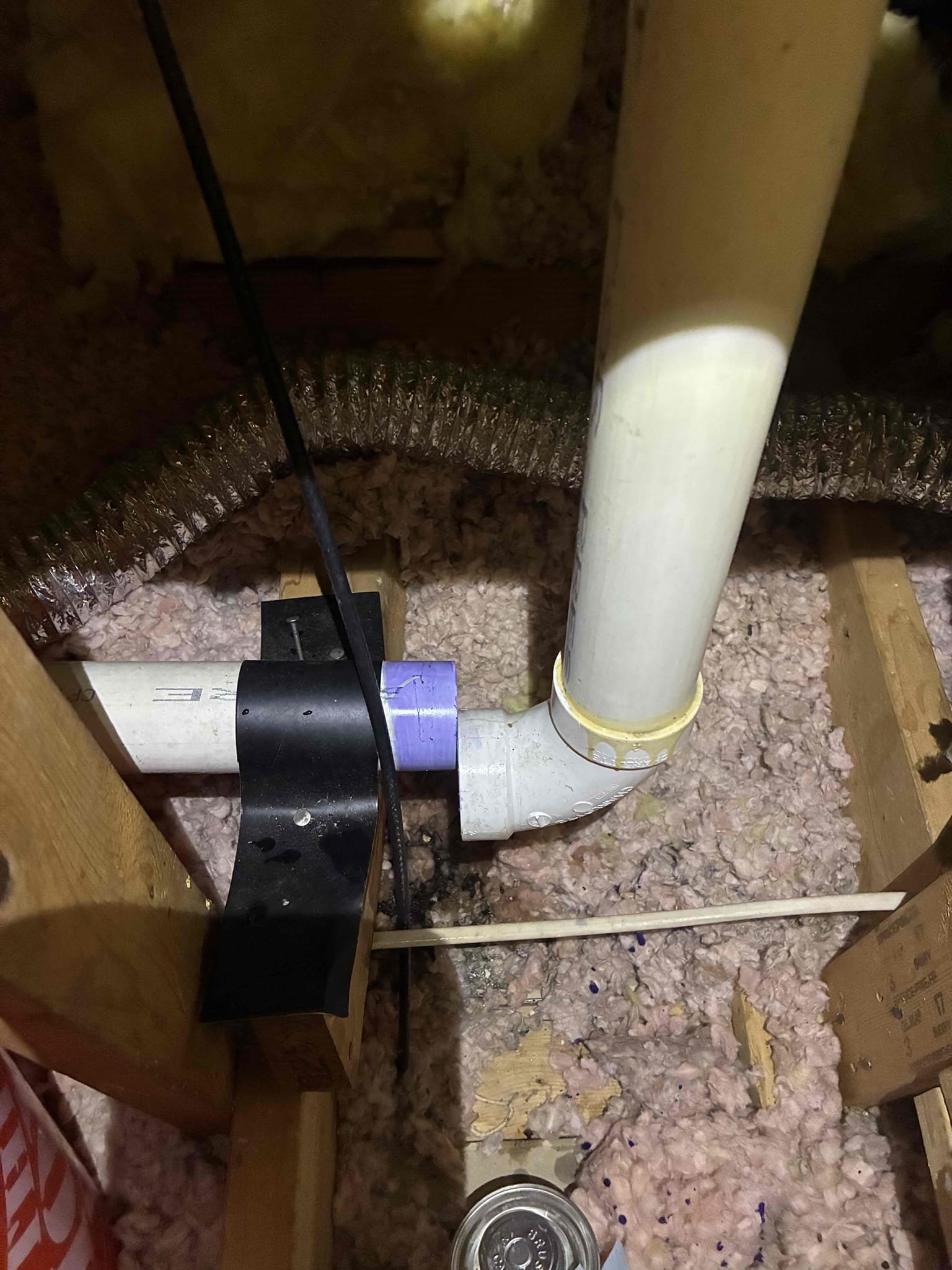 In attic found pvc fitting unglued and causing leak into ceiling below. Remove section and replace with new section or pvc piping and new elbow. 