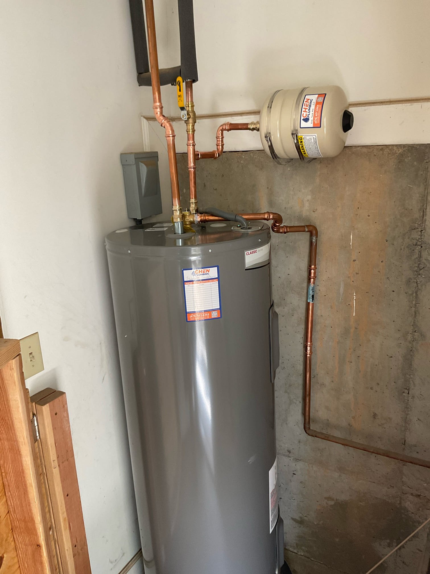 Remove existing water heater and haul away. Furnish and install new 50 gallon electric water heater with new thermal expansion tank with bracket and new tank shut off. Also installed drip pan under heater.

Did quoted work and tested. No leaks were present at this time. There should be hot water in about 45 minutes. Also house found that kitchen faucet leaks, went on on the cold side. Recommended to customer to have kitchen faucet replaced will estimate to do so. Cleaned up work area.