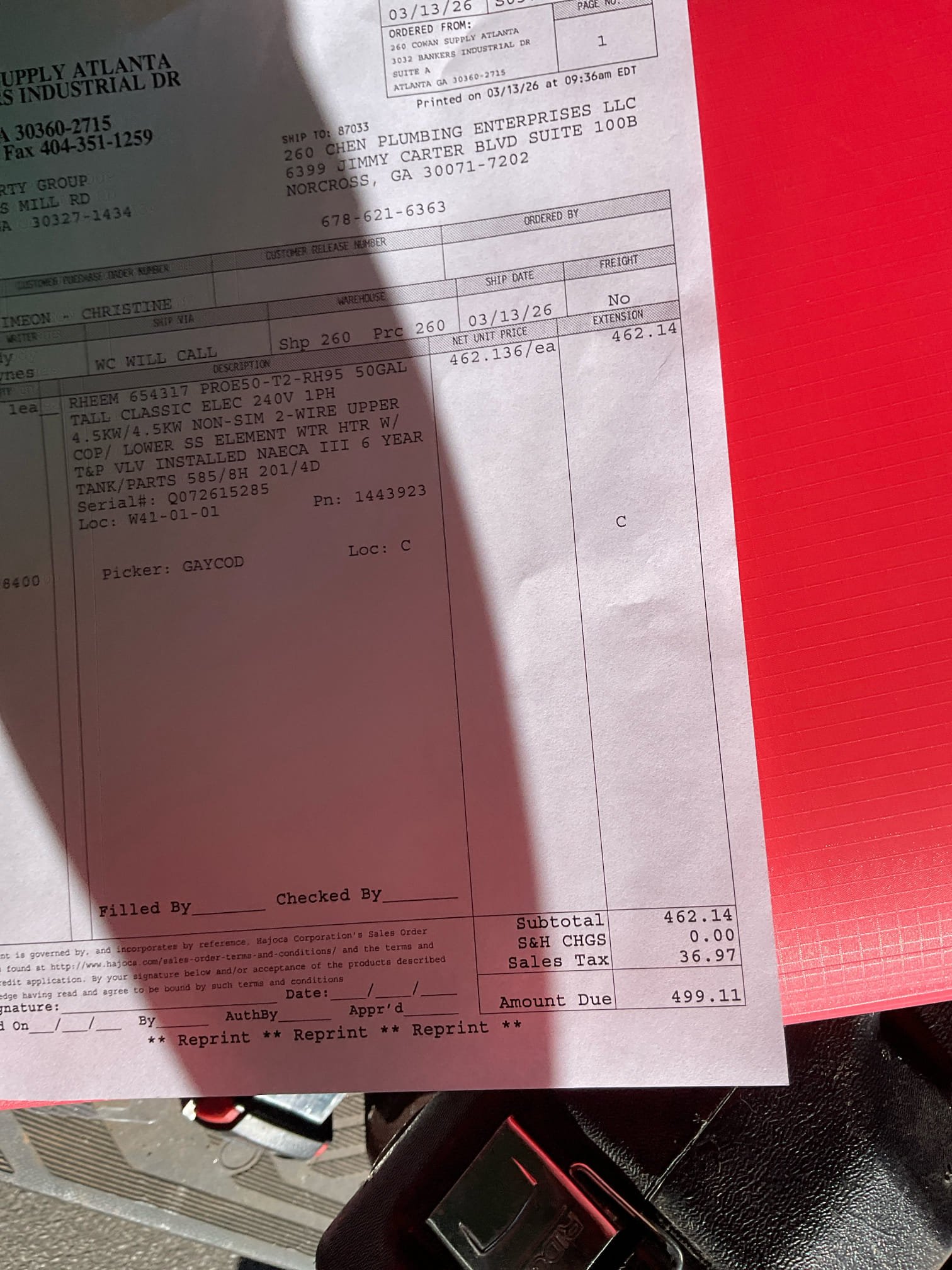 Remove existing water heater and haul away. Furnish and install new 50 gallon electric water heater with new thermal expansion tank with bracket and new tank shut off. Also installed drip pan under heater.

Did quoted work and tested. No leaks were present at this time. There should be hot water in about 45 minutes. Also house found that kitchen faucet leaks, went on on the cold side. Recommended to customer to have kitchen faucet replaced will estimate to do so. Cleaned up work area.