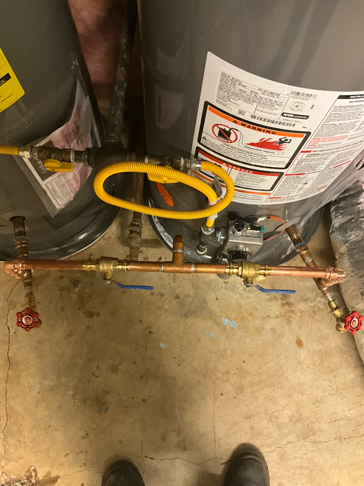 Customer had two 50 gas water heaters in parallel. The left heater didn’t have a lit pilot. Both heaters had a manufacturer date of 01/2014. Informed customer prior to any diagnostic or attempts to relight that due to the age of the heater, replacement is recommended. Customer approved work to replace both heaters with two new pans, new shutoffs, and a large thermal expansion tank. Had a gate valves above the existing pump start leaking, replaced as a courtesy. Informed customer that typically pump replacement is recommended to replace at the same time as the heaters. However, pump seemed to be in good working order and had no heavy signs of rusting or corrosion. Informed customer that if any issues happen further down the road with the pump that options can be given for repair or replacement. Tested all work performed to ensure proper function and no leaks. None were found. Customer asked about replacing whole home filter. Inspected the unit and declined to attempt to replace due to a