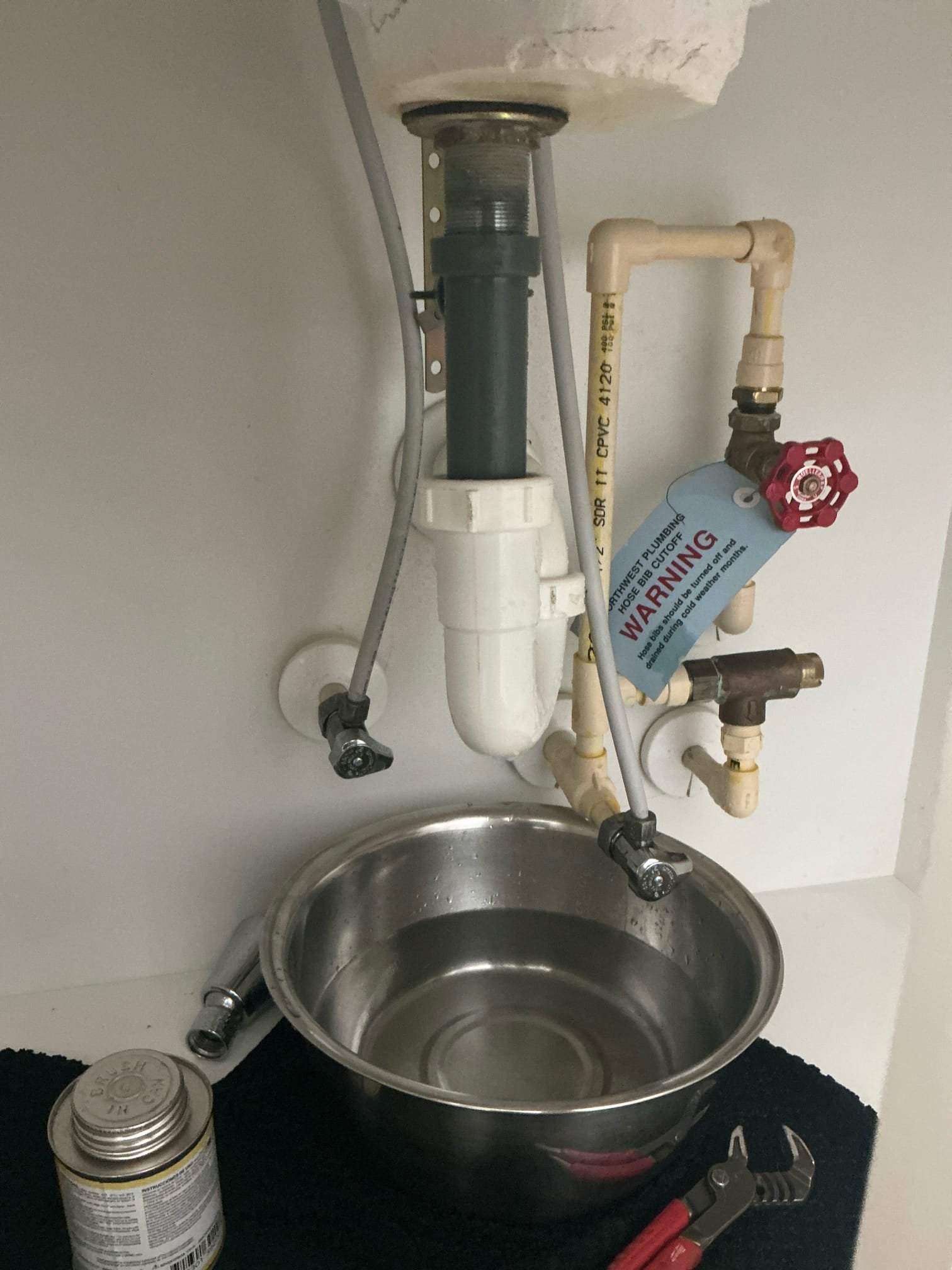 Found stop valves for basement restroom lavatory sink leaking. Removed existing compression angle stops and replaced with new cpvc glue on angle stop valves. Removed existing lavatory faucet and replaced with customer supplied moen lavatory faucet. 