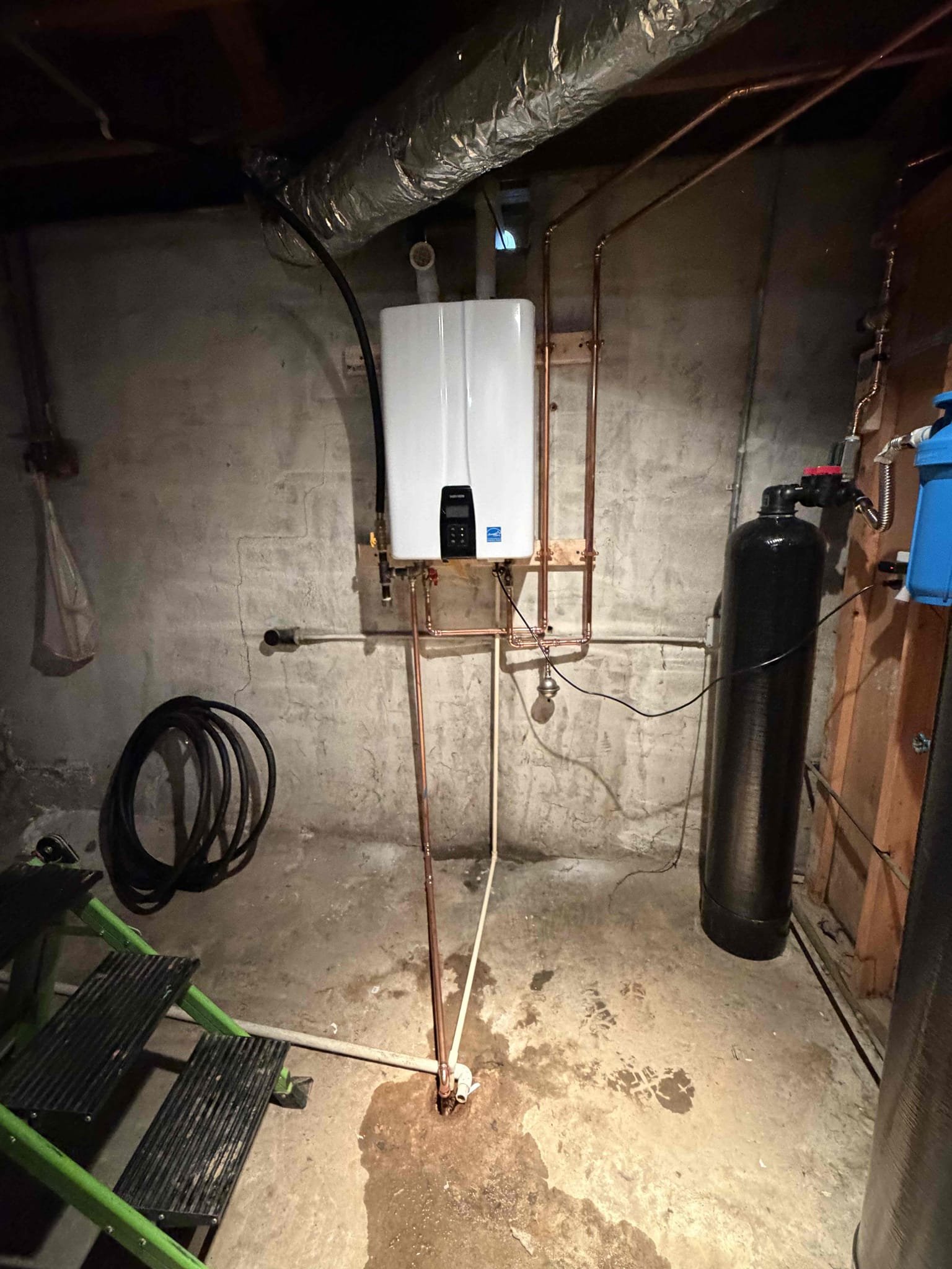 Installed customer supplied Navien tankless water heater and customer supplied water softener. We also installed and rerouted main water cut off valve and prv for better access. Tested thoroughly. All work is complete.