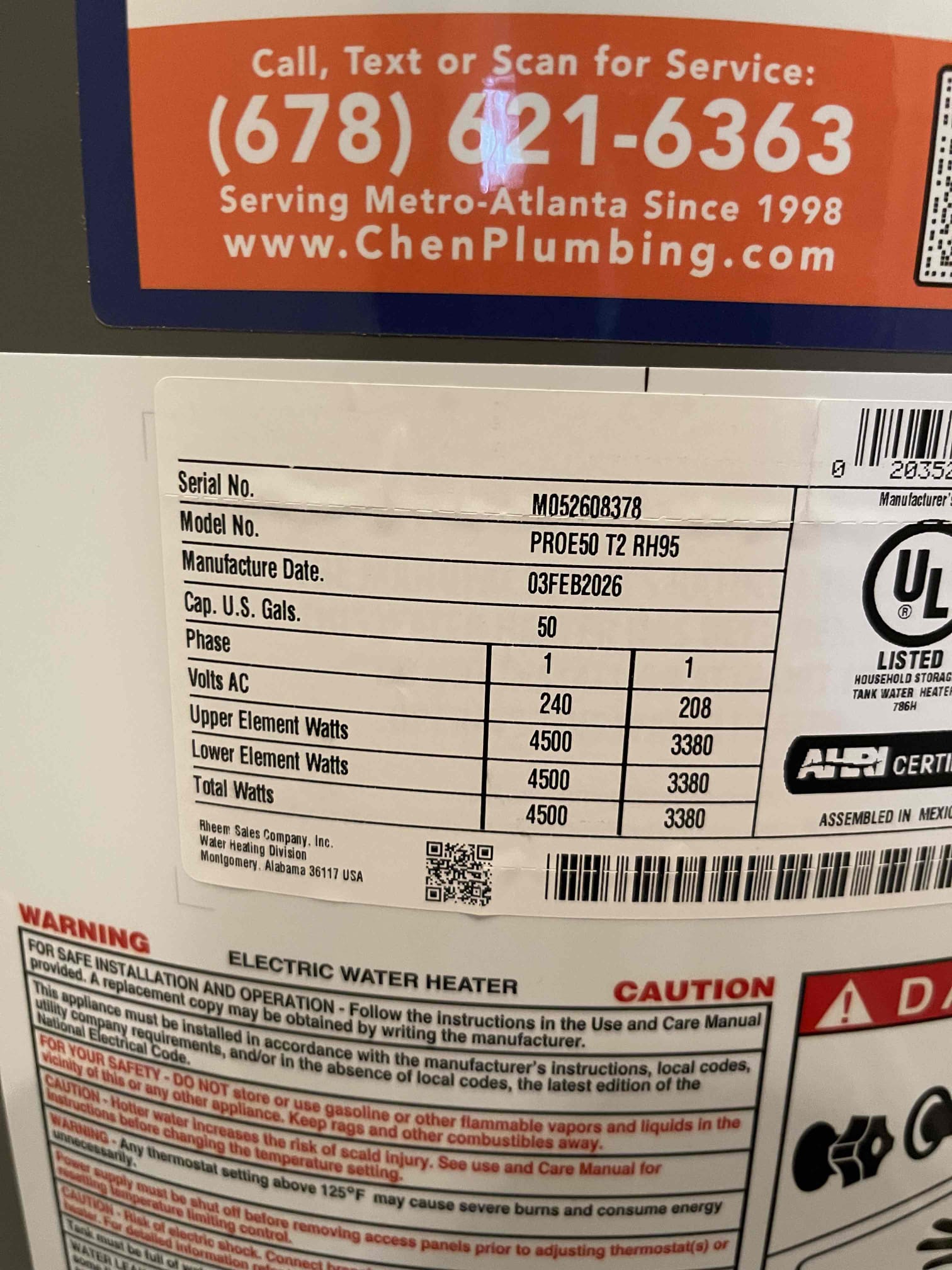 Replaced leaking water heater. Verified new unit had power and installation had no leaks. 2 year labor warranty