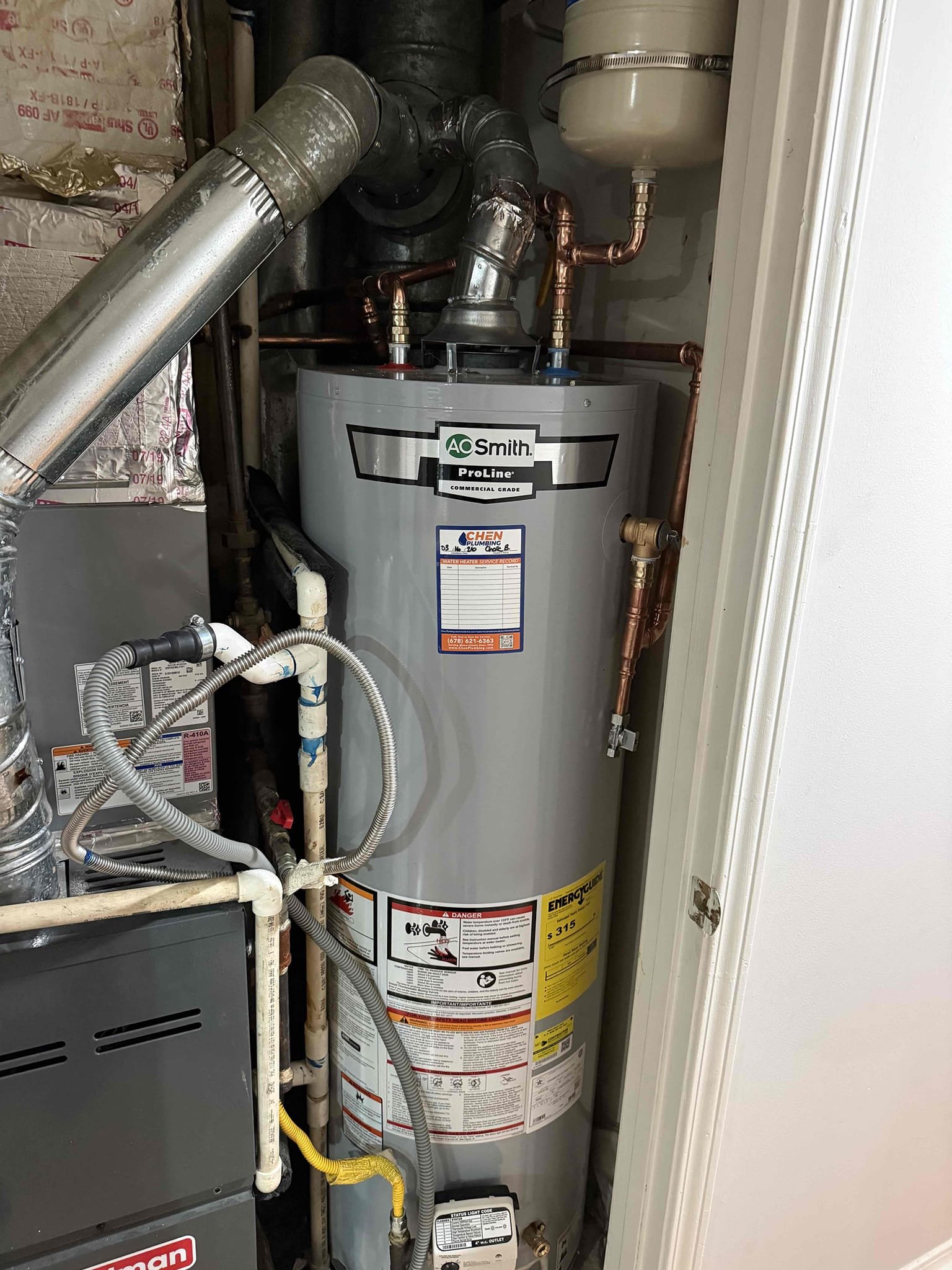 Returned to install new 40 gal gas tall ao smith water heater with new expansion tank and shutoff valve. Installed the water heater and mounted up the expansion tank. Turned water back on to check for leaks, found no leaks. Turned gas back on and fired up water heater. Water heater is fired up and working properly, no leaks upon departure 